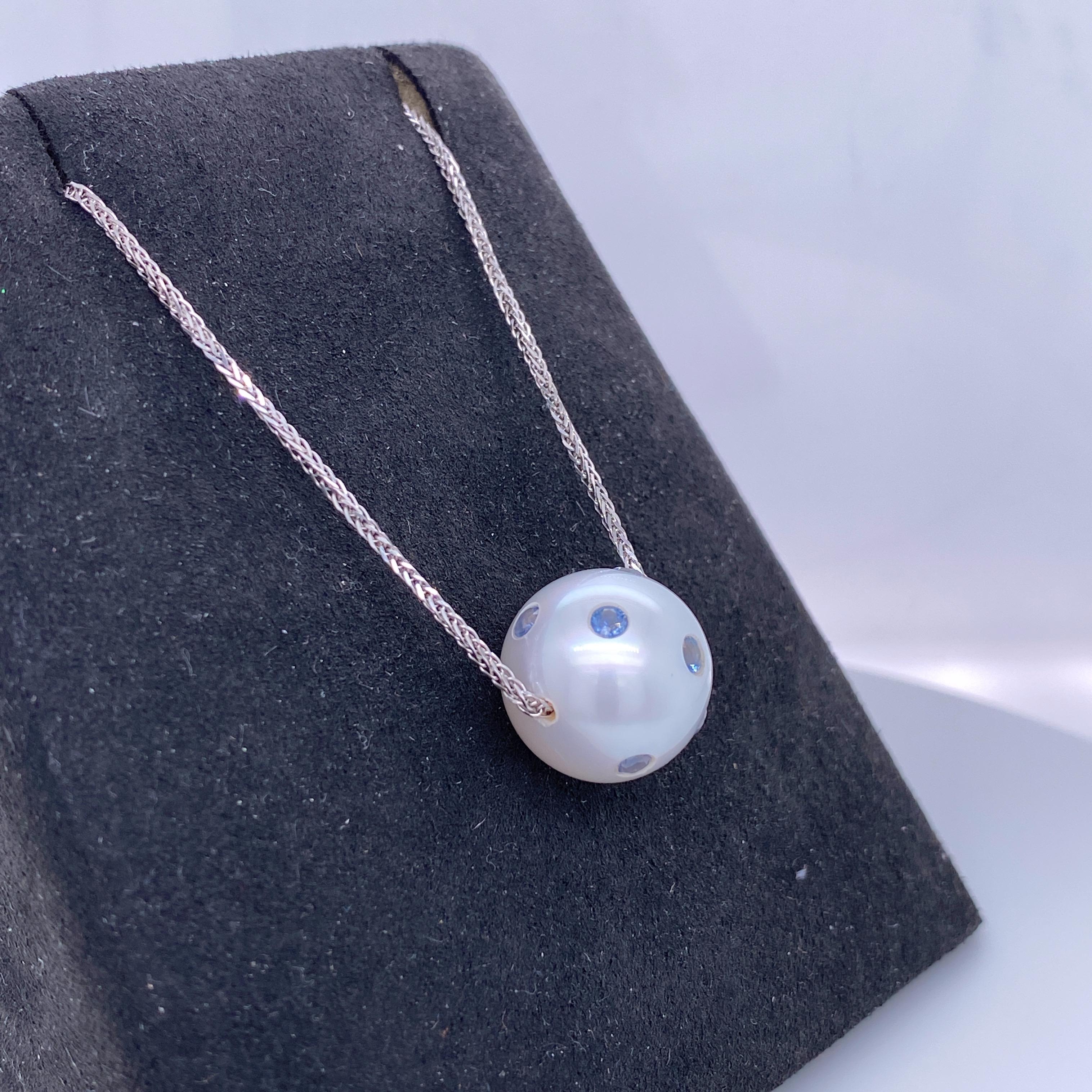 South Sea Pearl Sapphire Slide Necklace 0.60 Carat 18 Karat White Gold In New Condition For Sale In New York, NY