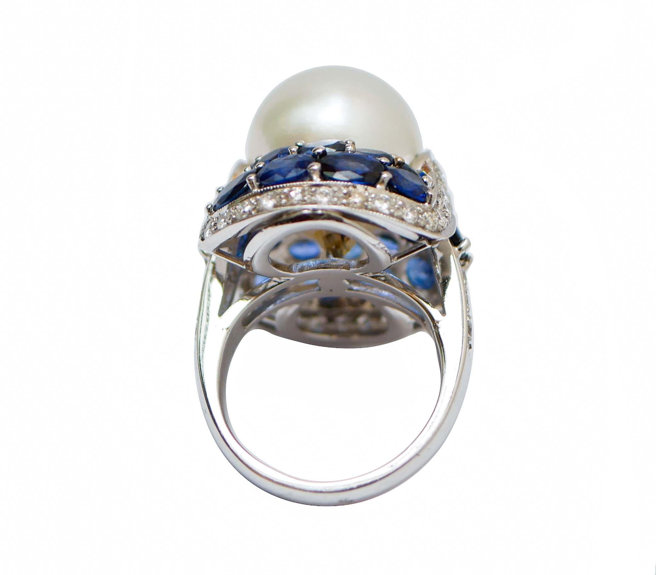 Retro South-Sea Pearl, Sapphires, Diamonds, 14 Karat White Gold Ring. For Sale