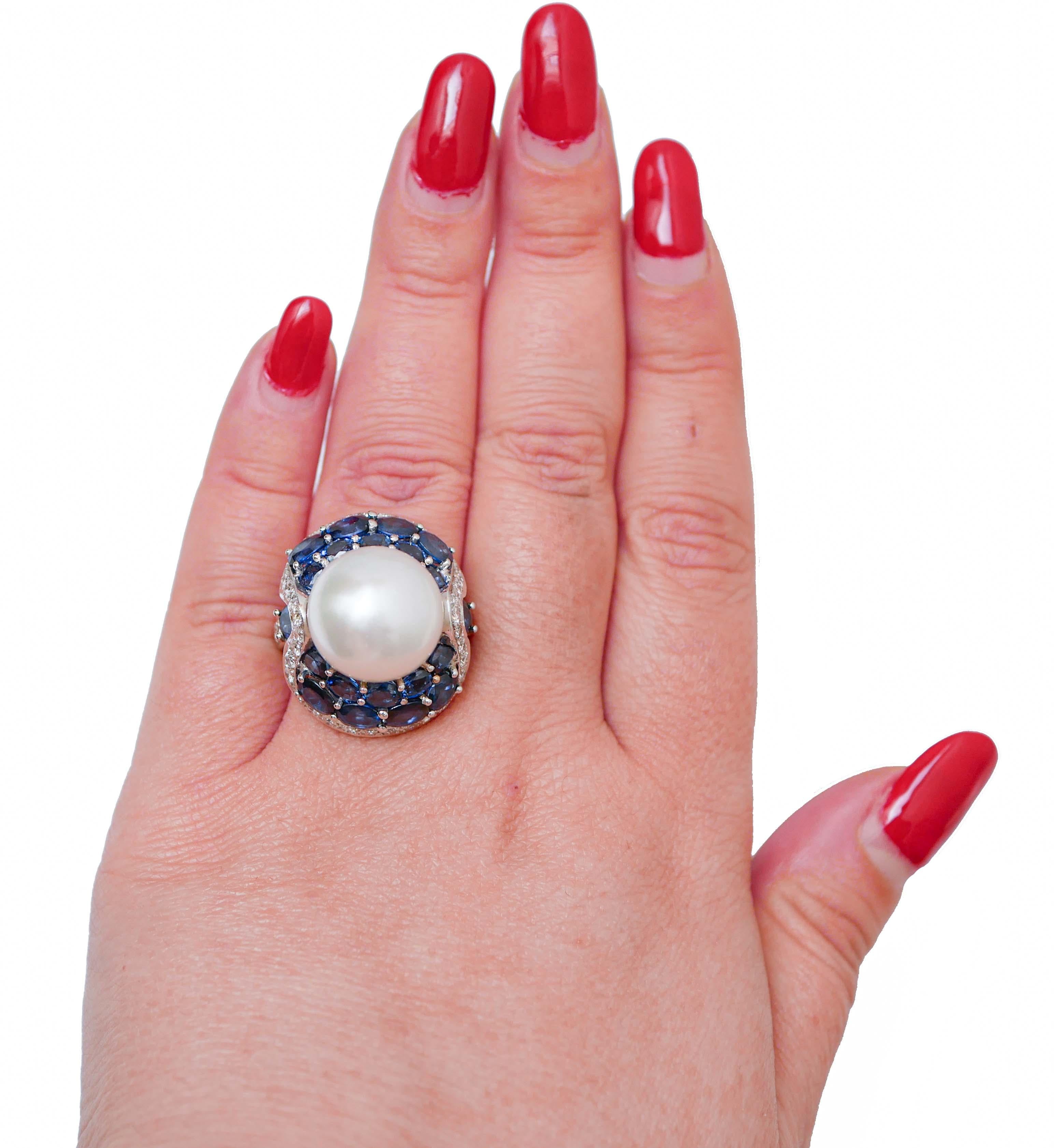 Mixed Cut South-Sea Pearl, Sapphires, Diamonds, 14 Karat White Gold Ring. For Sale