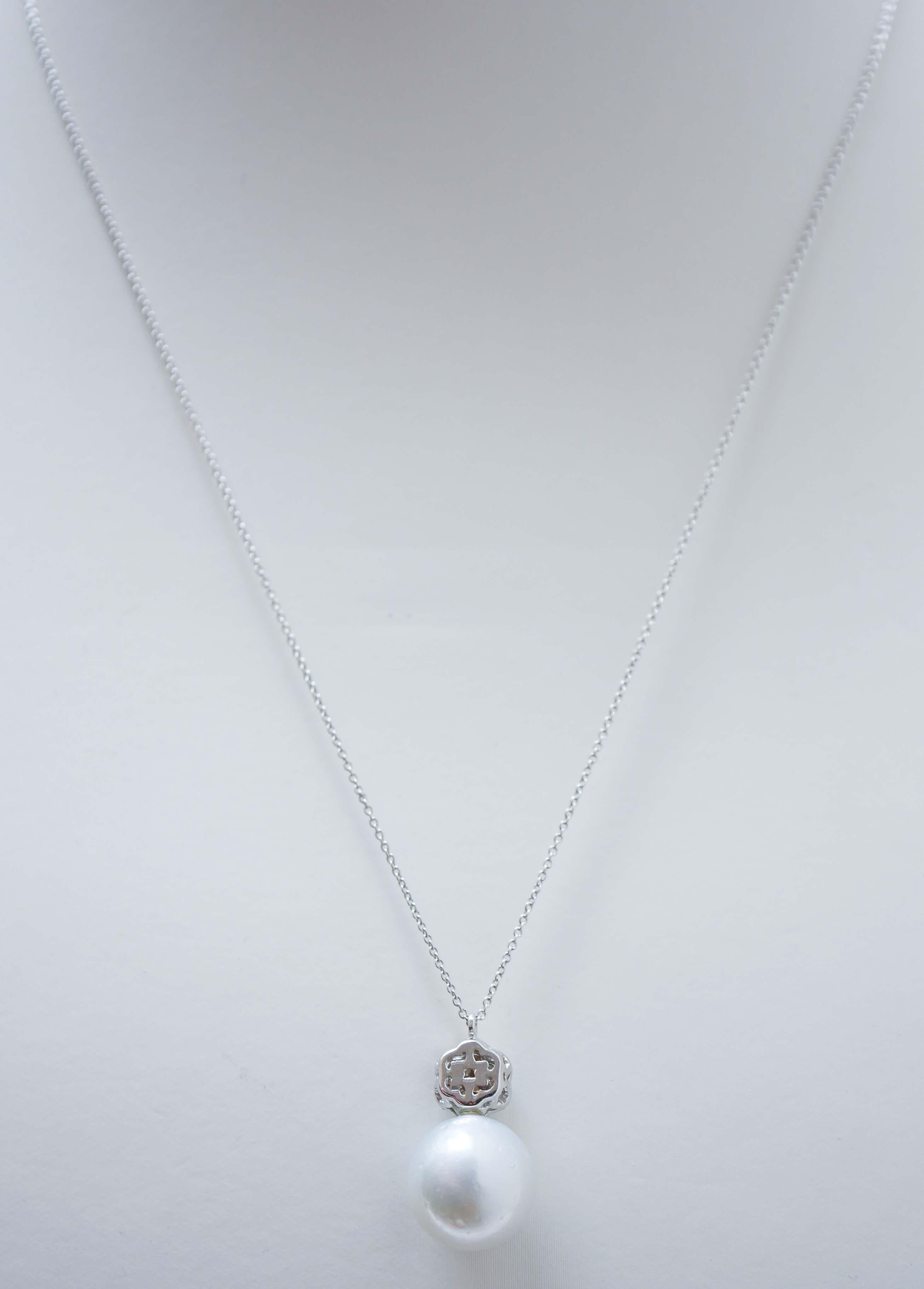 Modern South-Sea Pearl, Sapphires, Diamonds, 18 Karat White Gold Pendant Necklace. For Sale