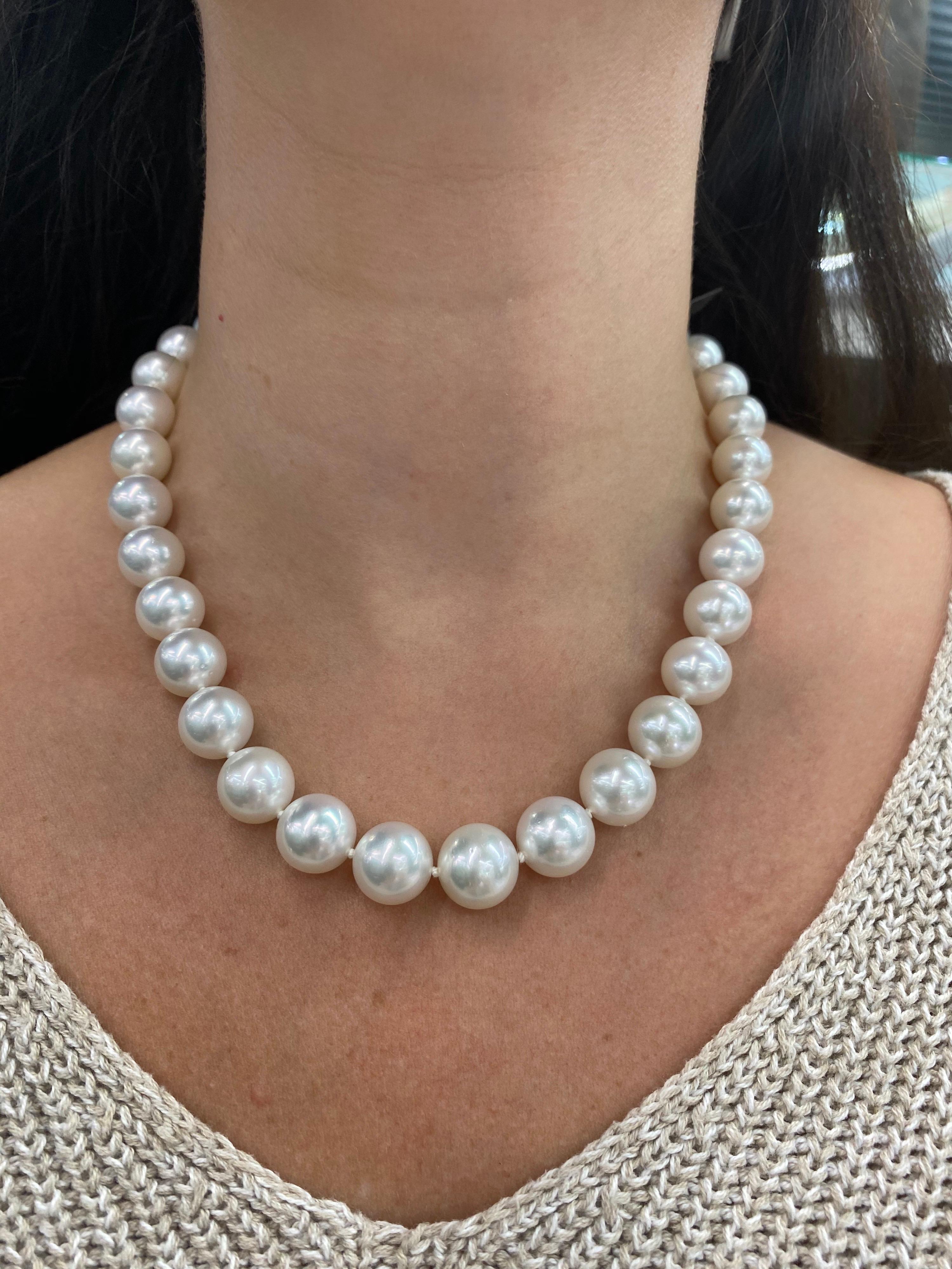 A lovely perfectly matched pearl strand necklace featuring 37 South Sea Pearls measuring 10-11.9 mm with a high polish ball clasp in 14K White Gold. 

Pearl quality: AAA
Pearl Luster: AAA Excellent
Nacre : Very Thick

Strand can be made to order,