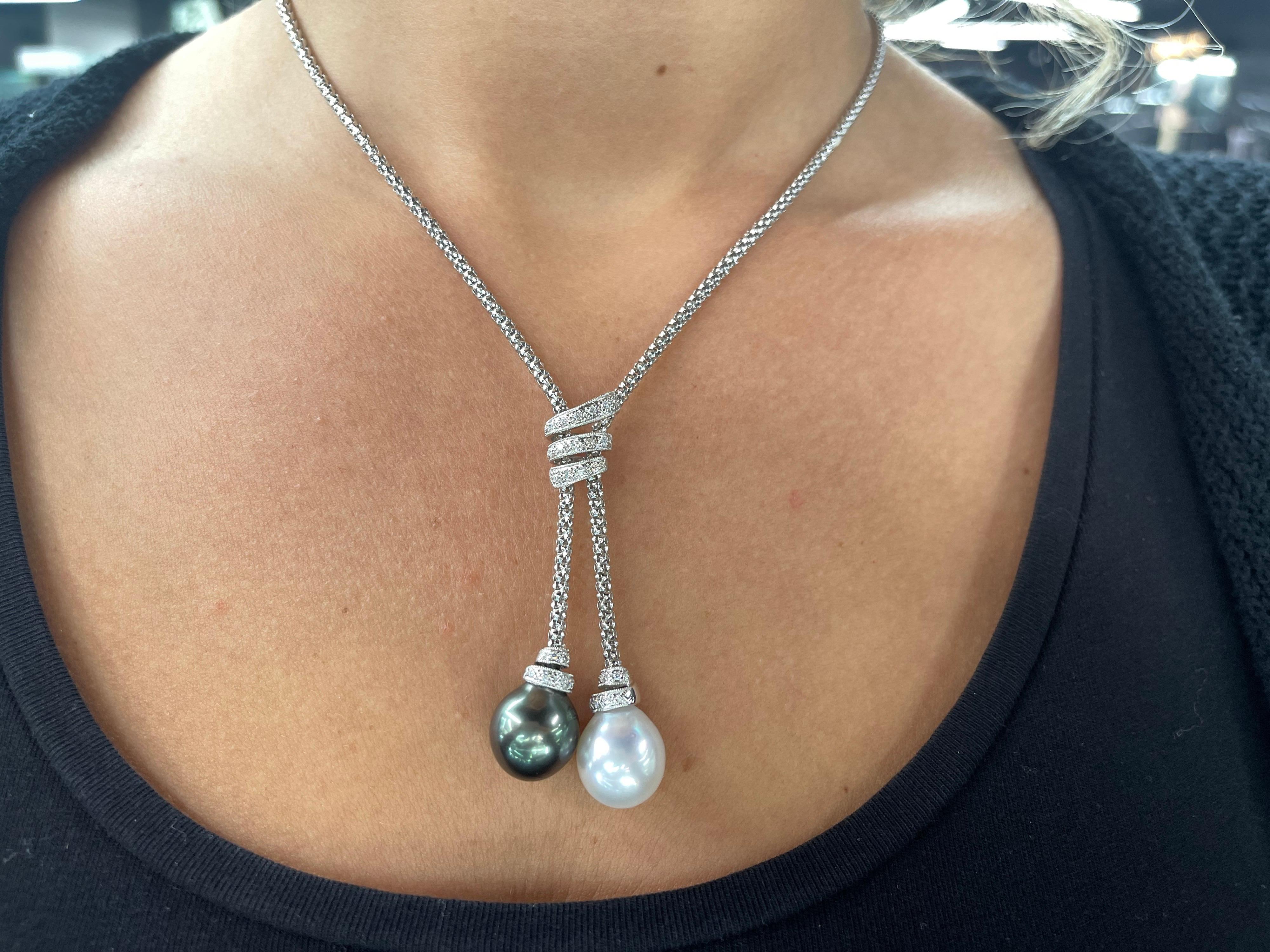 Südseeperlen-Tahiti-Diamant-Lariat-Halskette 12-13 MM 18 Karat Weißgold Damen im Angebot