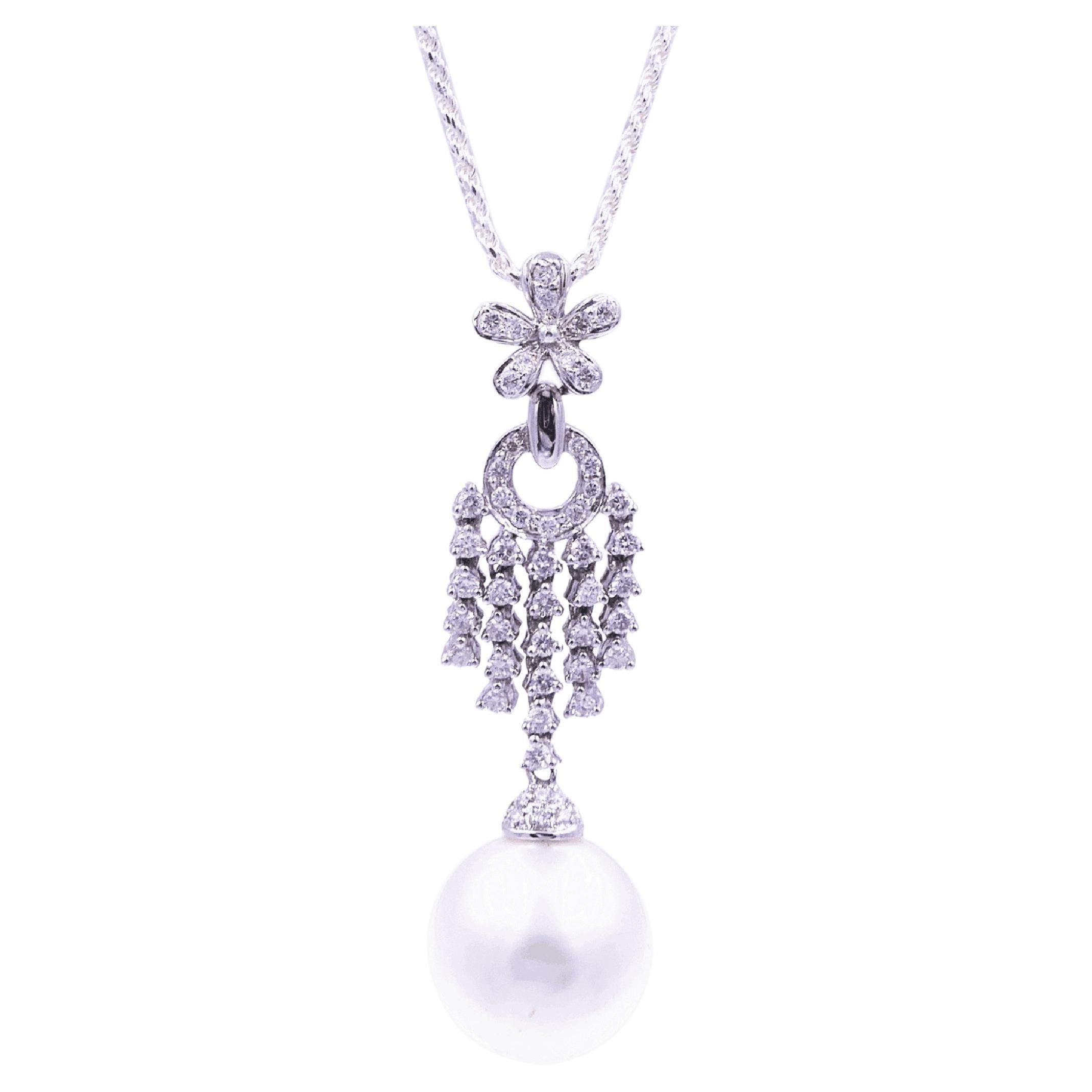 Diamond South Sea Pearl Pendant Drop Necklace 18 Karat White Gold For