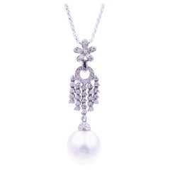 Round White South Sea Pearl Diamond 18 Karat White Gold Pendant Drop Necklace