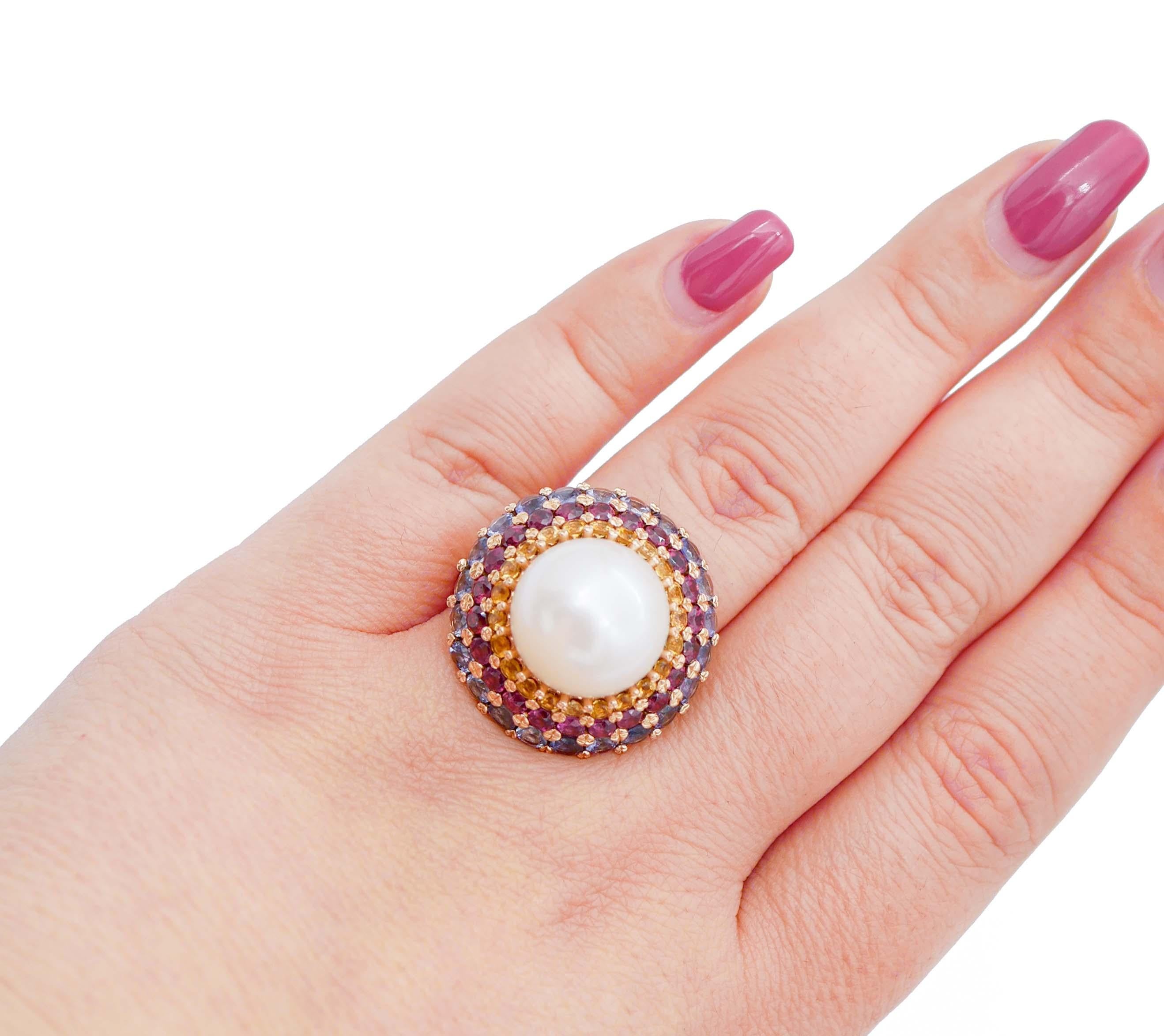 South-Sea Pearl, Topazs, Tourmaline, Iolite, Diamonds, 14 Karat Rose Gold Ring In Good Condition In Marcianise, Marcianise (CE)