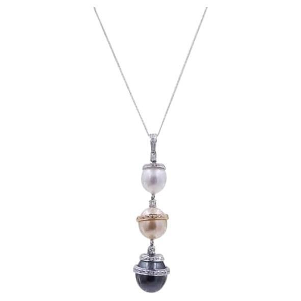 Tahitian Black Yellow White Sea Pearl Diamond White Gold Drop Pendant Necklace