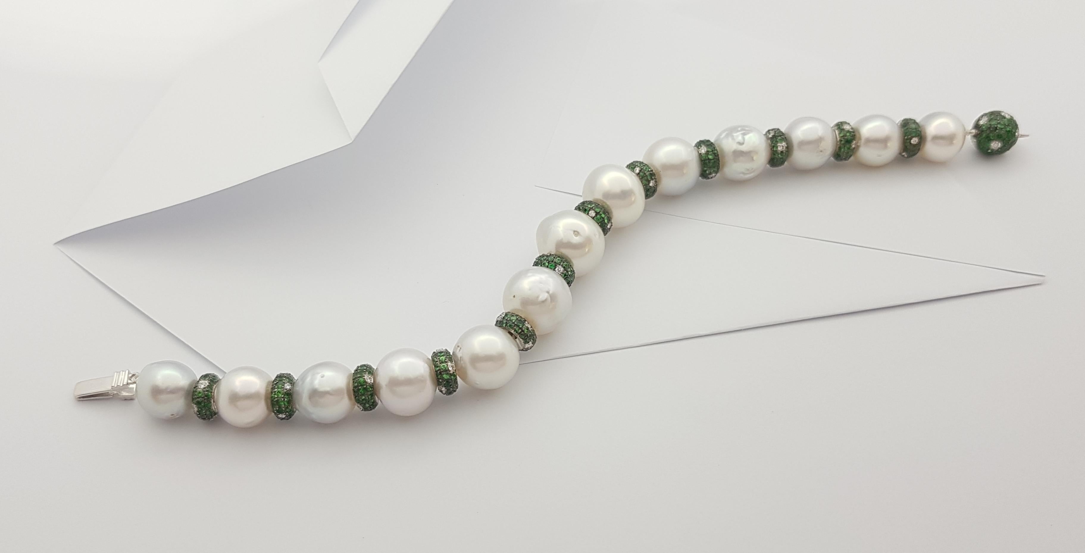 South Sea Pearl, Tsavorite and Diamond Bracelet in 18 Karat White Gold Settings For Sale 3