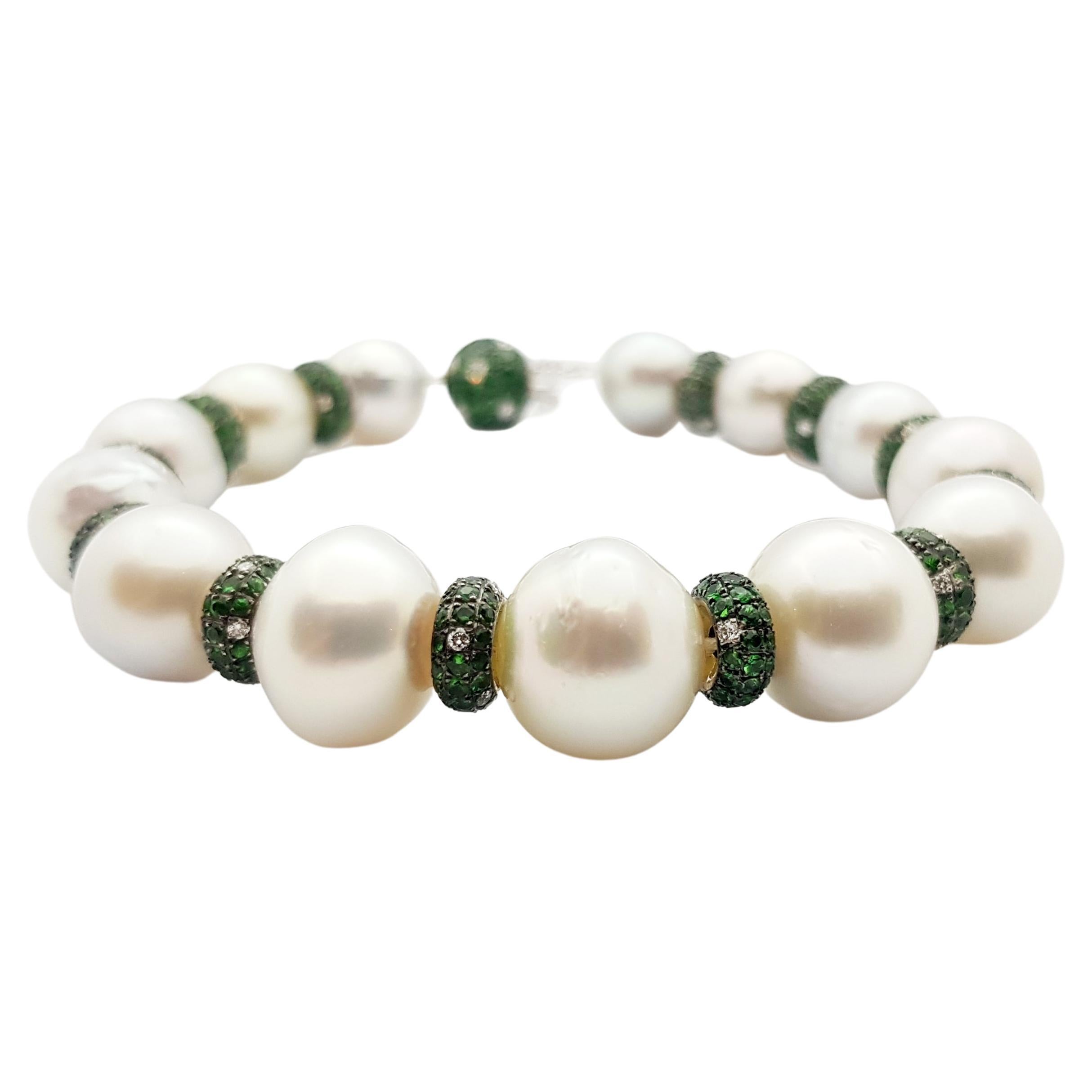 South Sea Pearl, Tsavorite and Diamond Bracelet in 18 Karat White Gold Settings