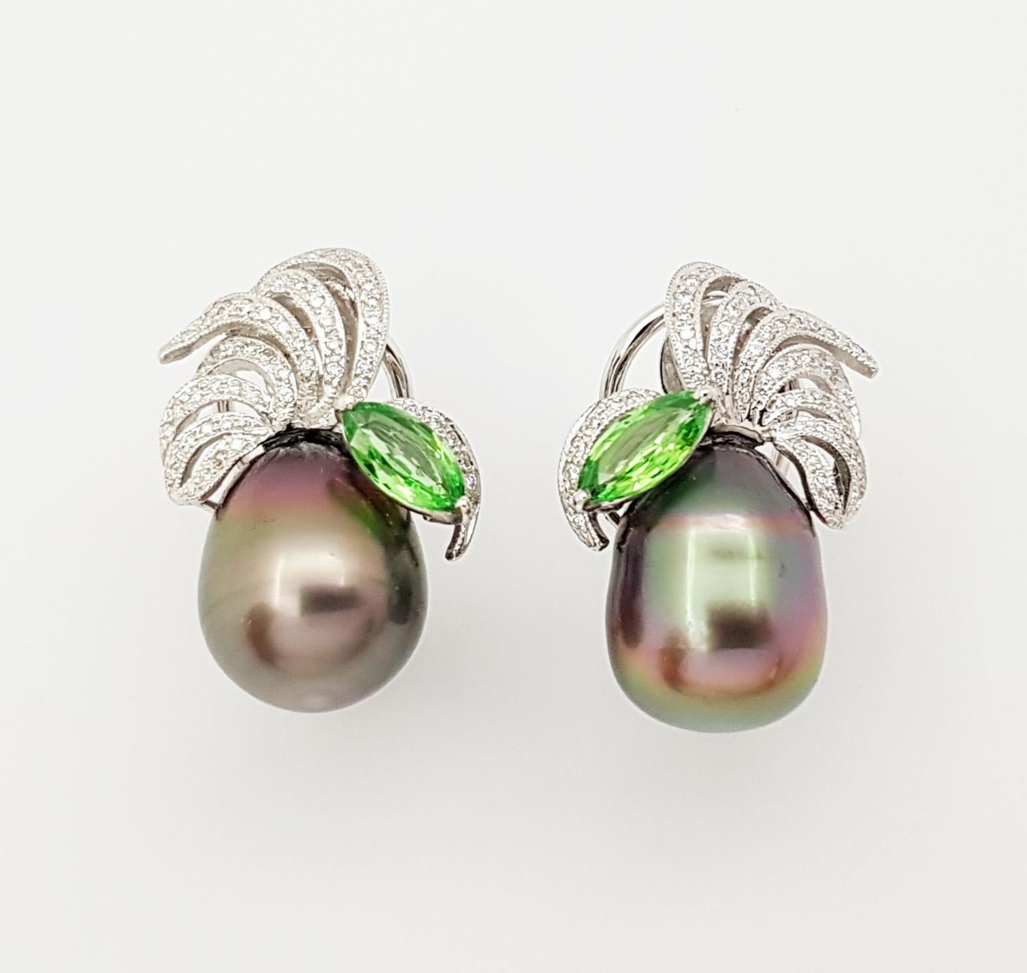 South Sea Pearl, Tsavorite and Diamond Earrings in 18 Karat White Gold Settings For Sale 2