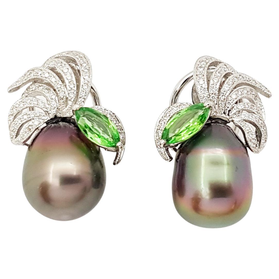 South Sea Pearl, Tsavorite and Diamond Earrings in 18 Karat White Gold Settings For Sale