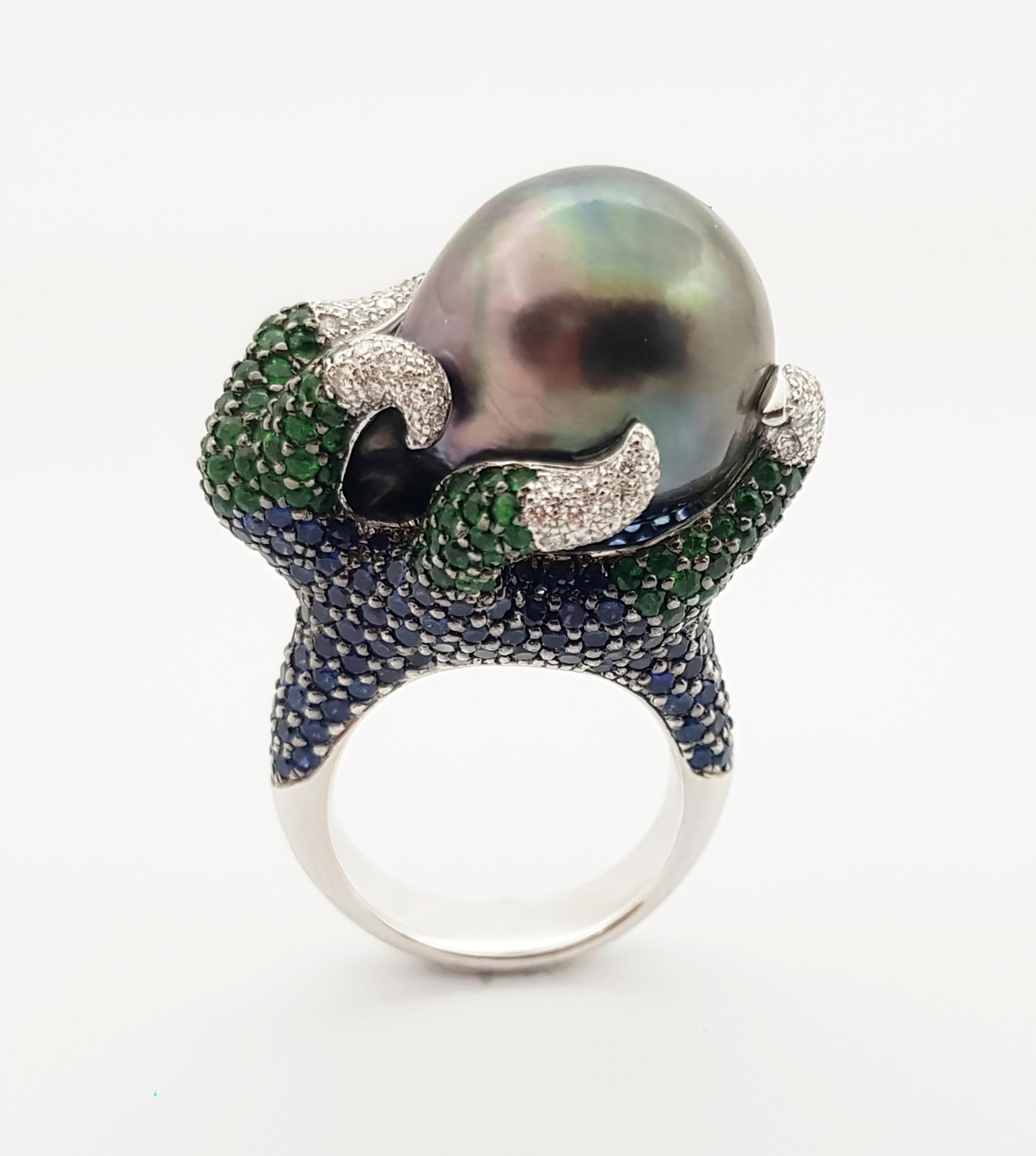 South Sea Pearl, Tsavorite, Blue Sapphire Ring in 18 Karat White Gold Settings For Sale 4