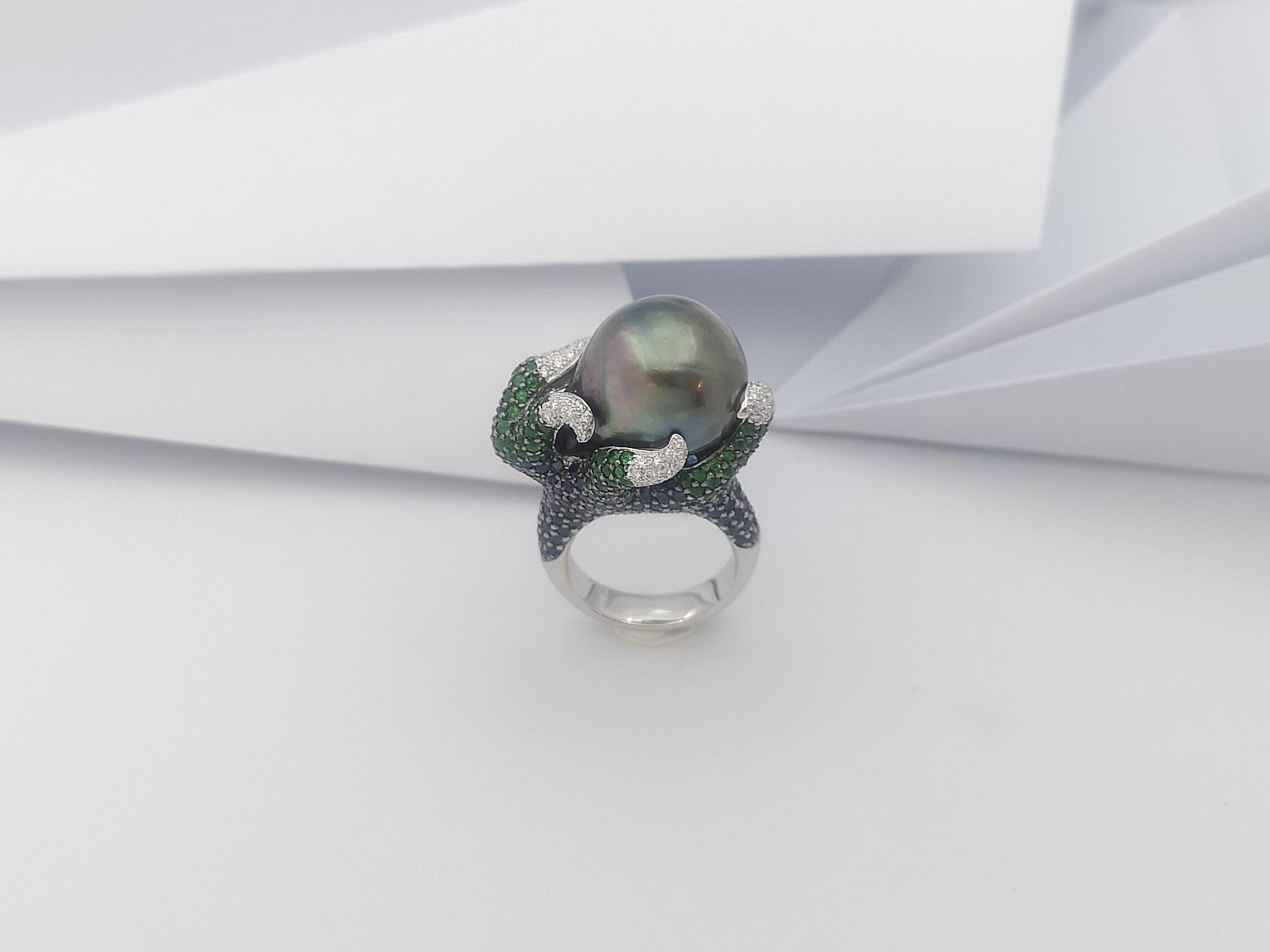 South Sea Pearl, Tsavorite, Blue Sapphire Ring in 18 Karat White Gold Settings For Sale 5