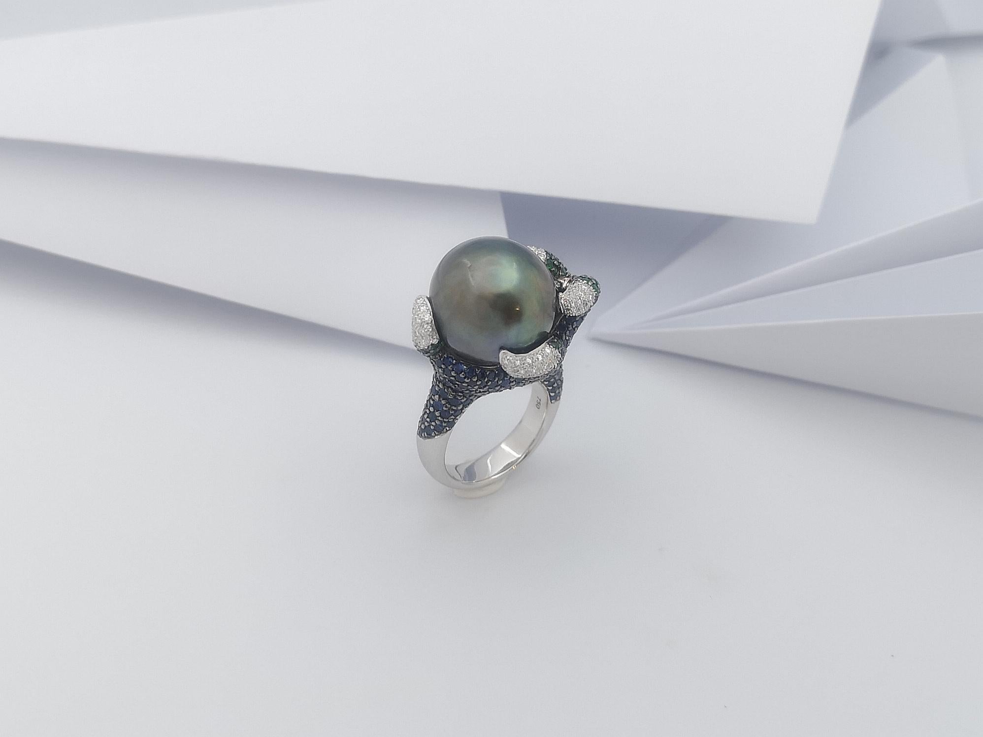 South Sea Pearl, Tsavorite, Blue Sapphire Ring in 18 Karat White Gold Settings For Sale 8