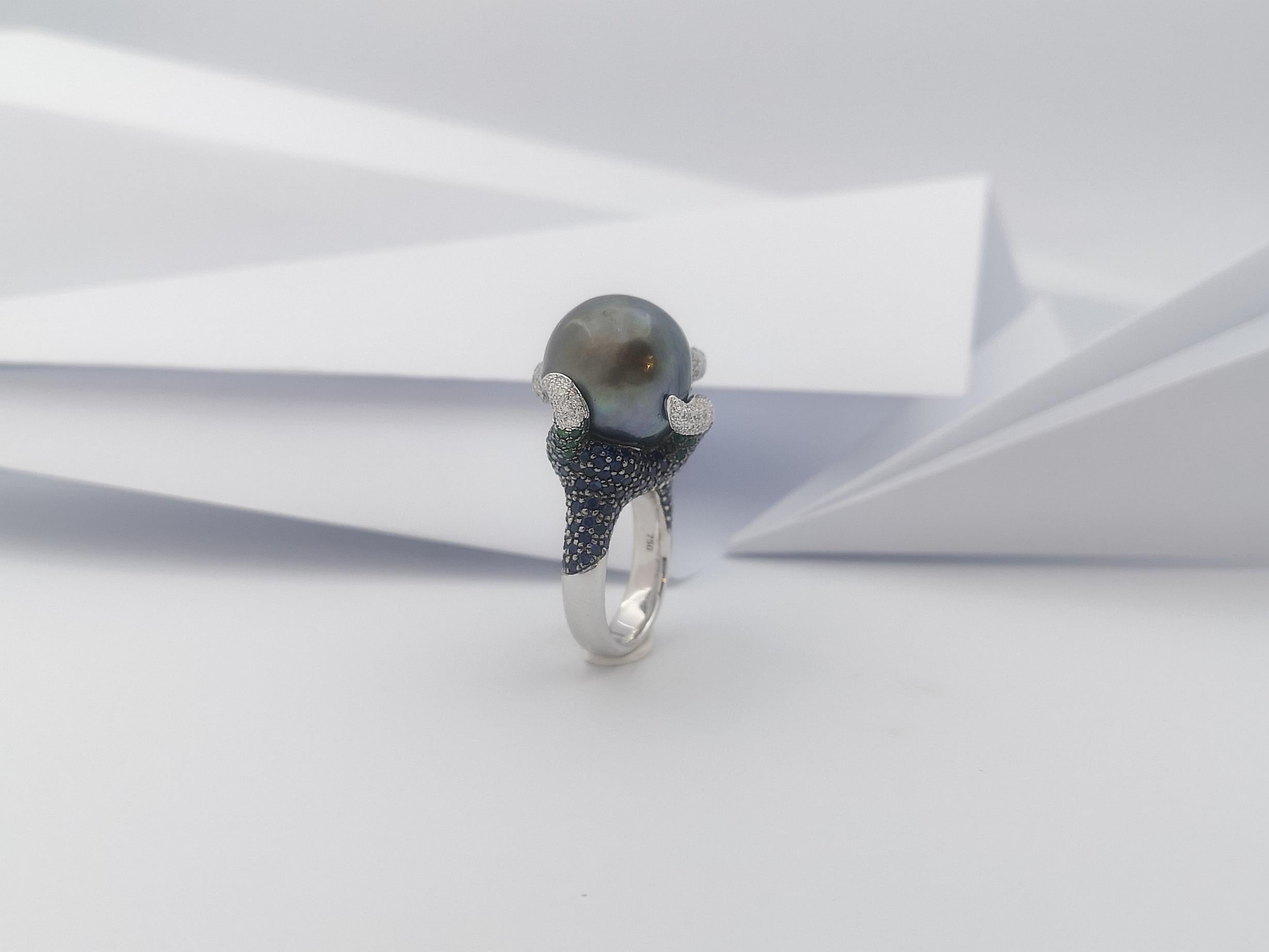 South Sea Pearl, Tsavorite, Blue Sapphire Ring in 18 Karat White Gold Settings For Sale 9