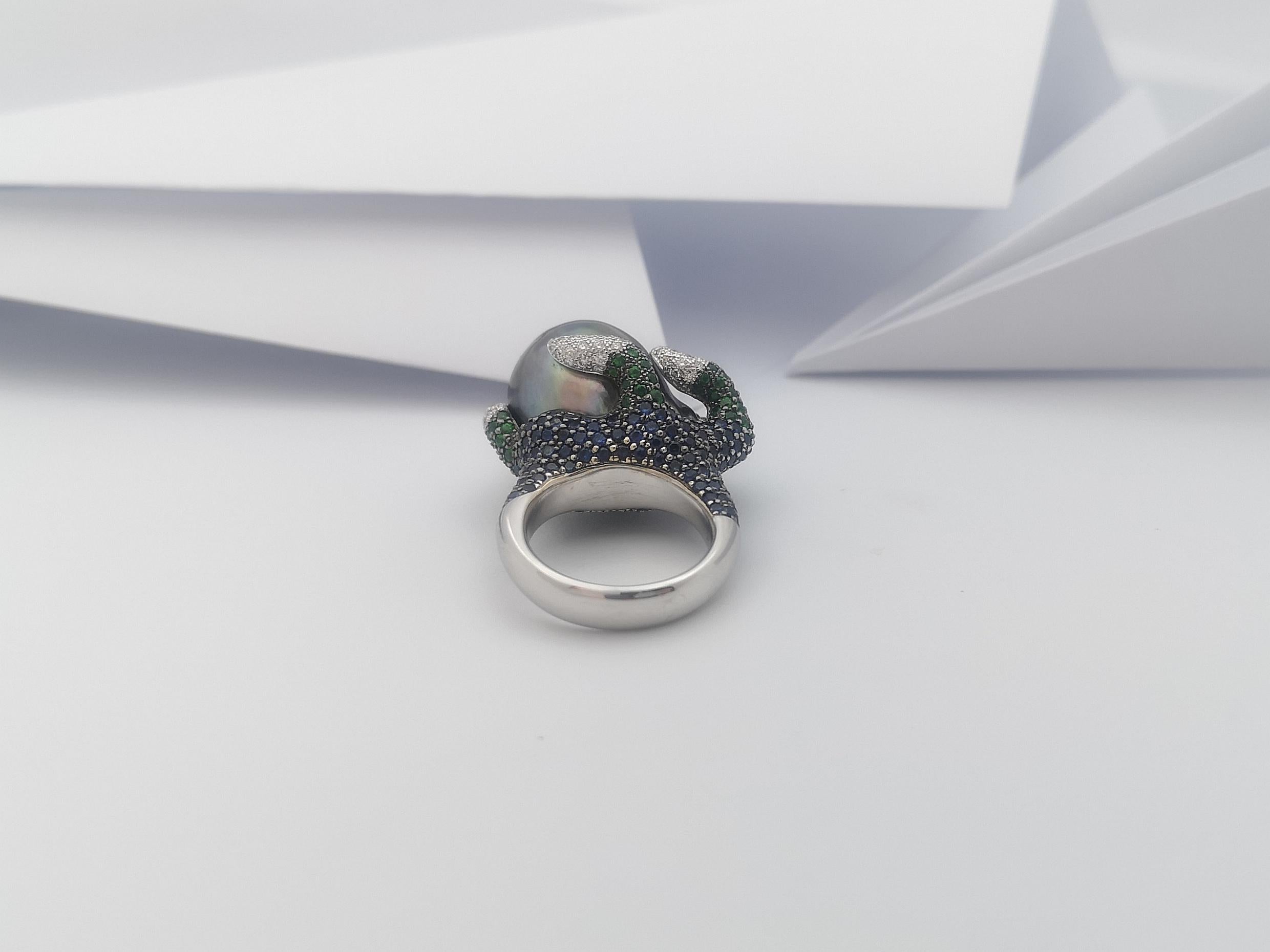 South Sea Pearl, Tsavorite, Blue Sapphire Ring in 18 Karat White Gold Settings For Sale 10