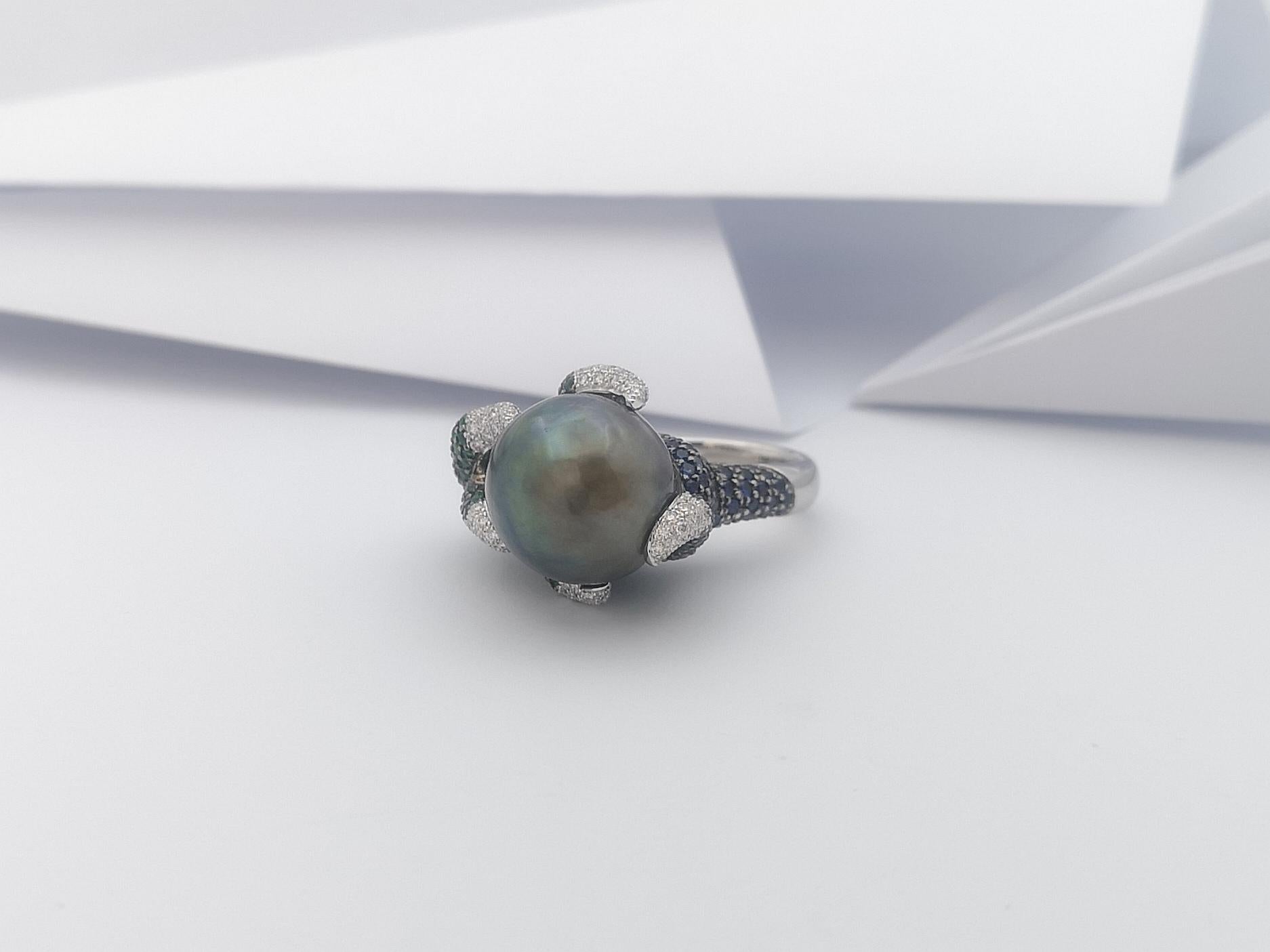 South Sea Pearl, Tsavorite, Blue Sapphire Ring in 18 Karat White Gold Settings For Sale 13