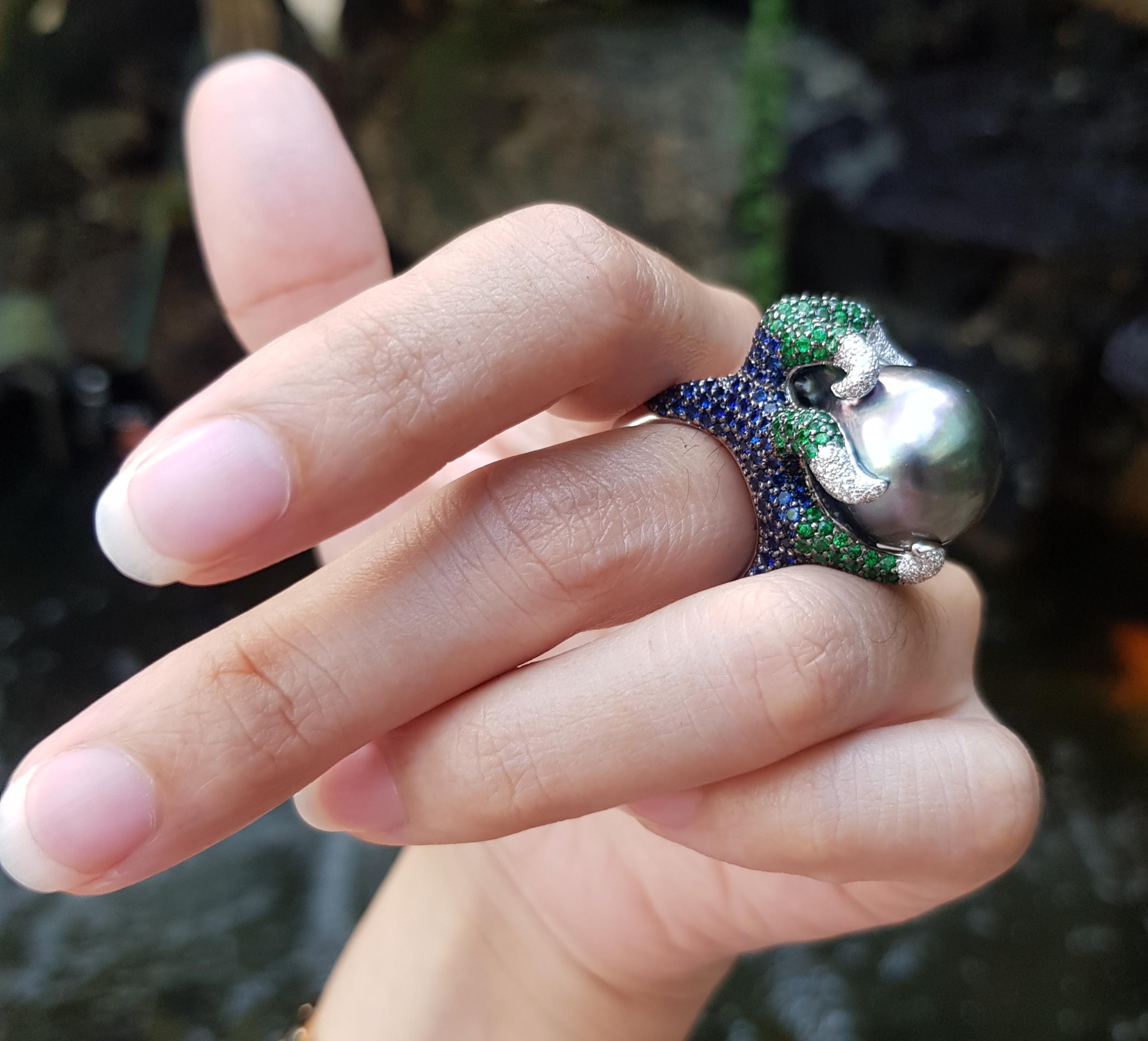 Women's South Sea Pearl, Tsavorite, Blue Sapphire Ring in 18 Karat White Gold Settings For Sale