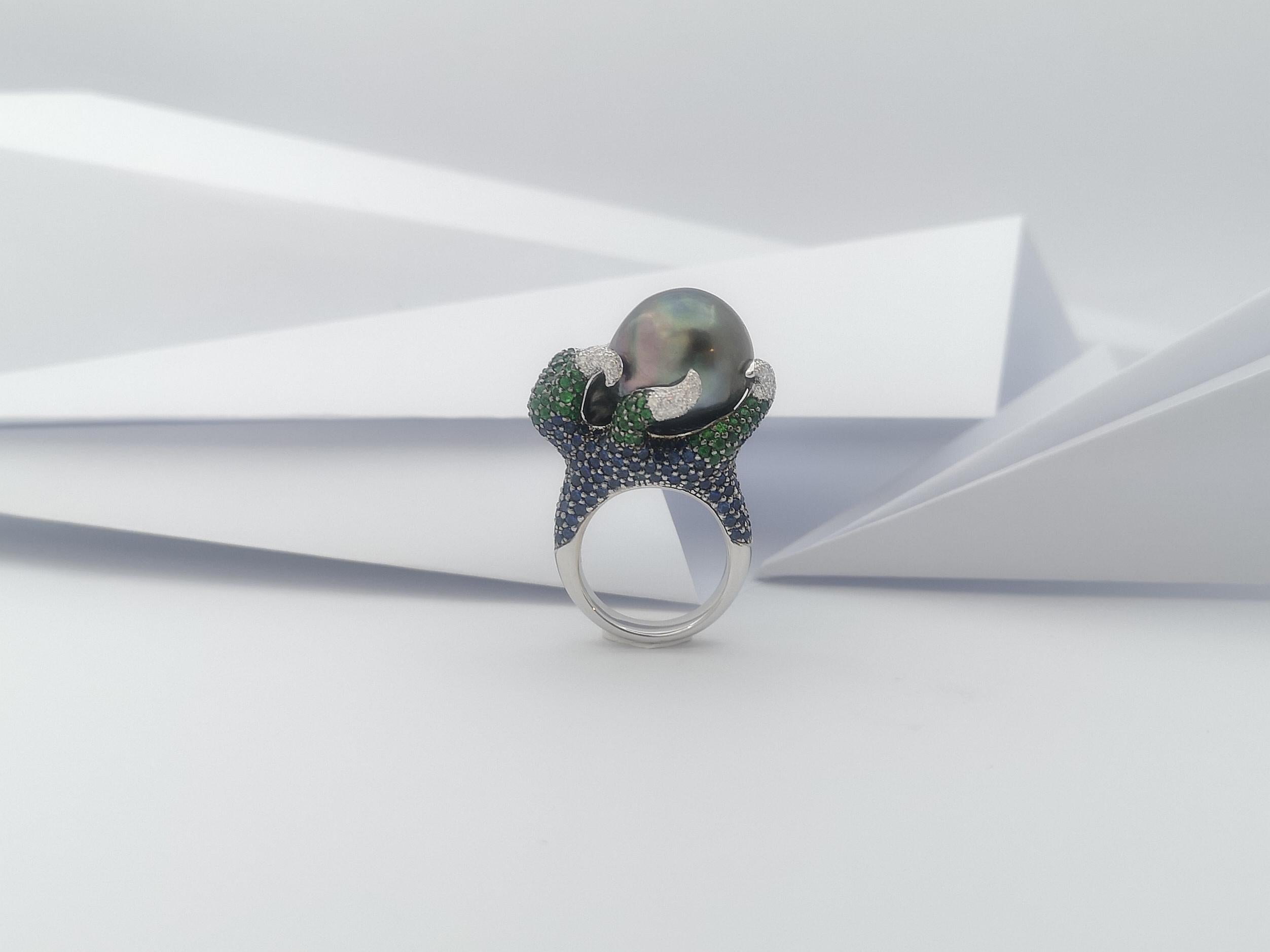 South Sea Pearl, Tsavorite, Blue Sapphire Ring in 18 Karat White Gold Settings For Sale 1