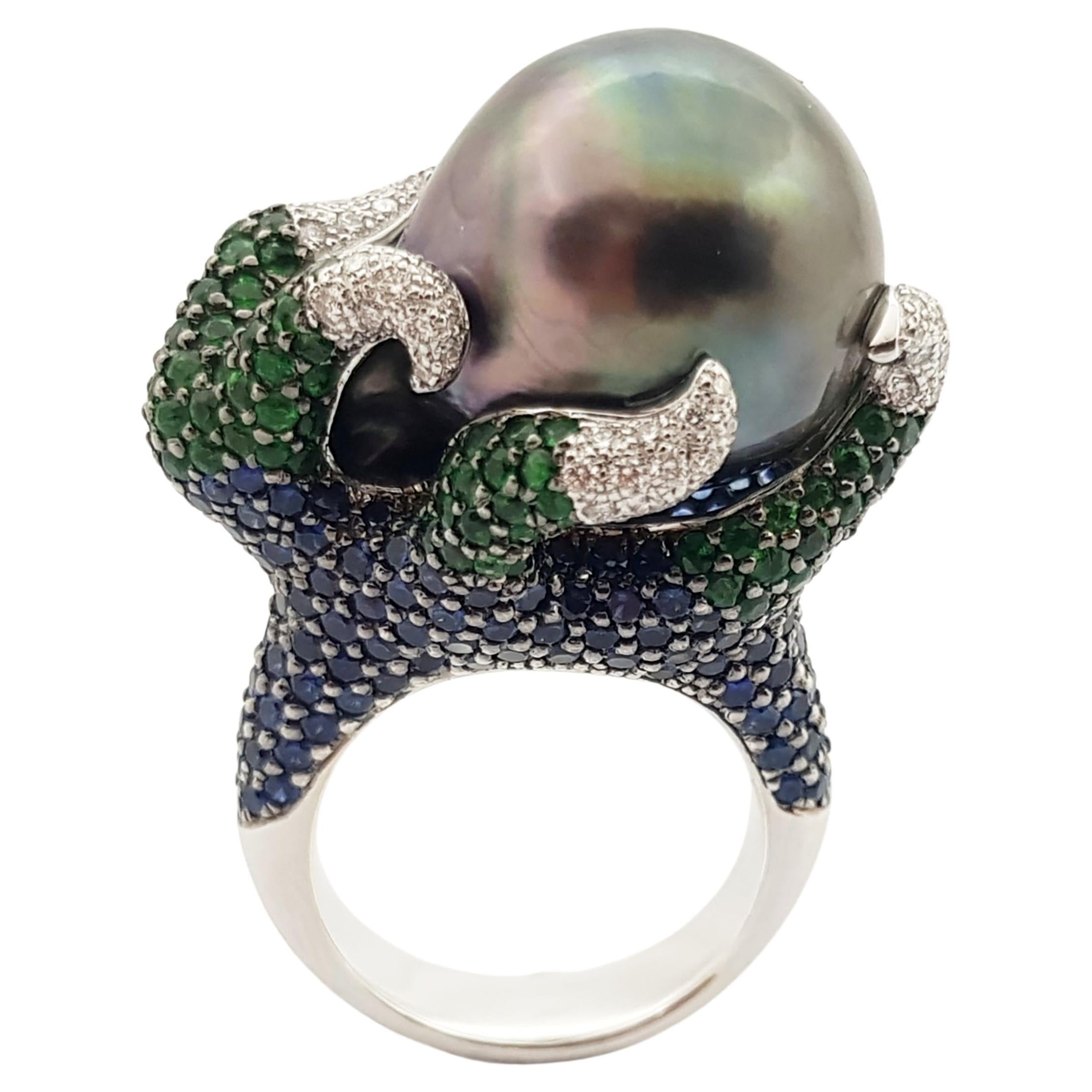 South Sea Pearl, Tsavorite, Blue Sapphire Ring in 18 Karat White Gold Settings For Sale