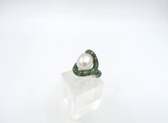 South Sea Pearl Tsavorite Champagne Diamond Squiggle White Gold Cocktail Ring