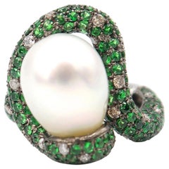 South Sea Pearl Tsavorite Champagne Diamond Squiggle White Gold Cocktail Ring