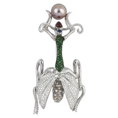 South Sea Pearl, Tsavorite, Diamond, Ruby, Blue Sapphire Mantis Brooch in 18 K