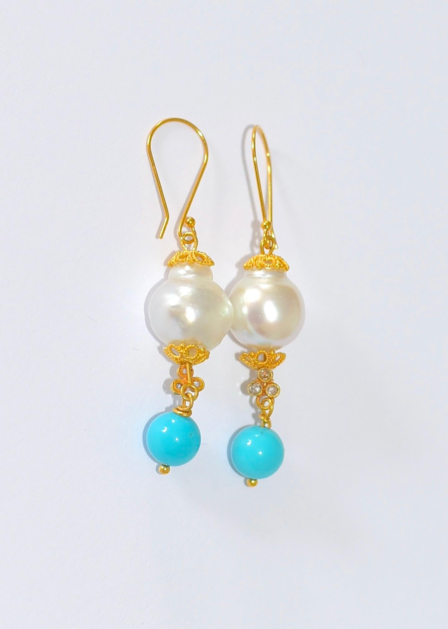 Pendientes de perla del mar del Sur, turquesa y diamante champán en oro macizo de 18 quilates 1