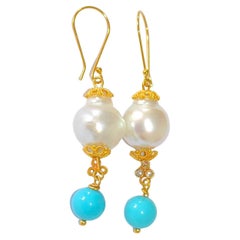 Pendientes de perla del mar del Sur, turquesa y diamante champán en oro macizo de 18 quilates