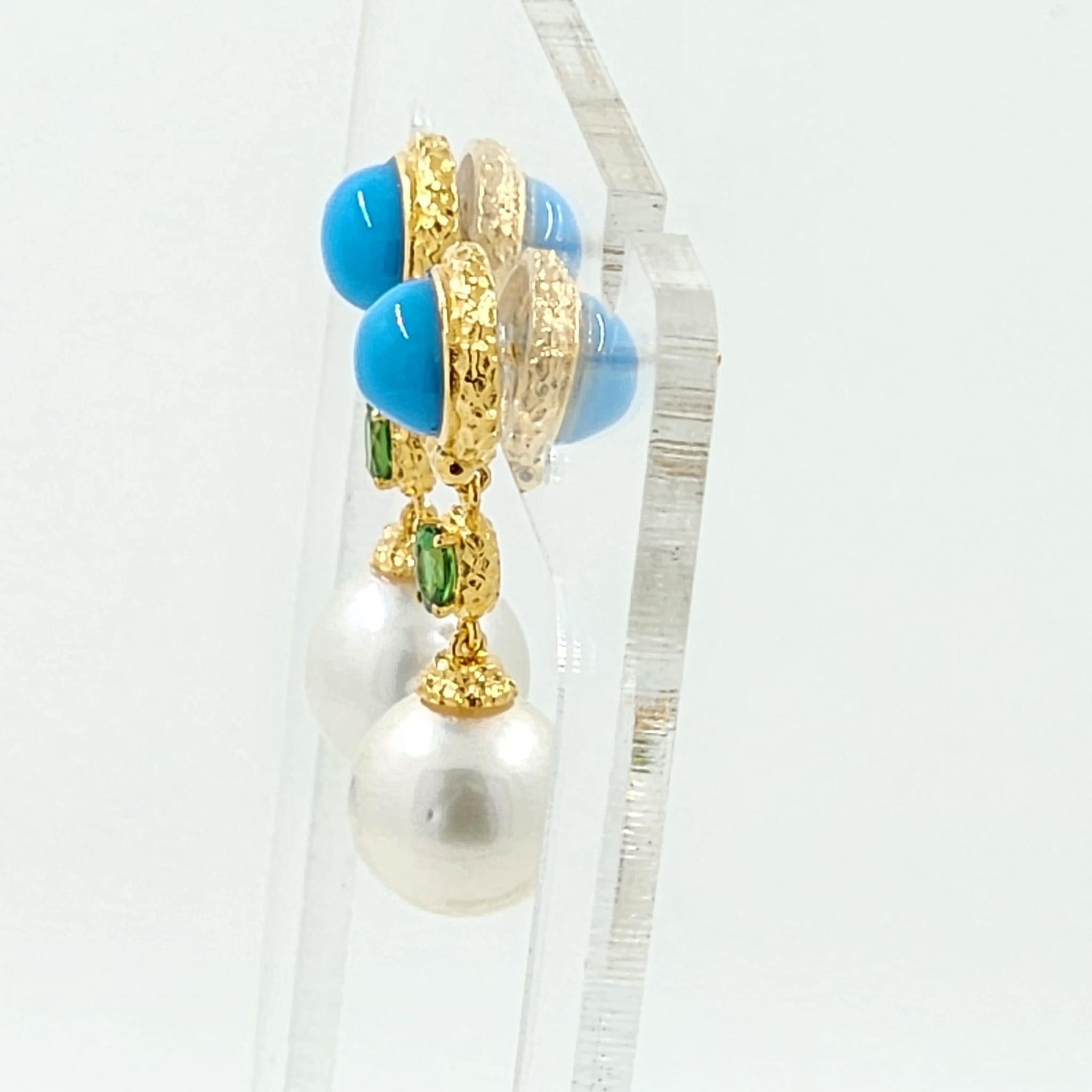 Contemporary South Sea Pearl Turquoise Drop Earrings in 18K Gold Vermeil Sterling Silver