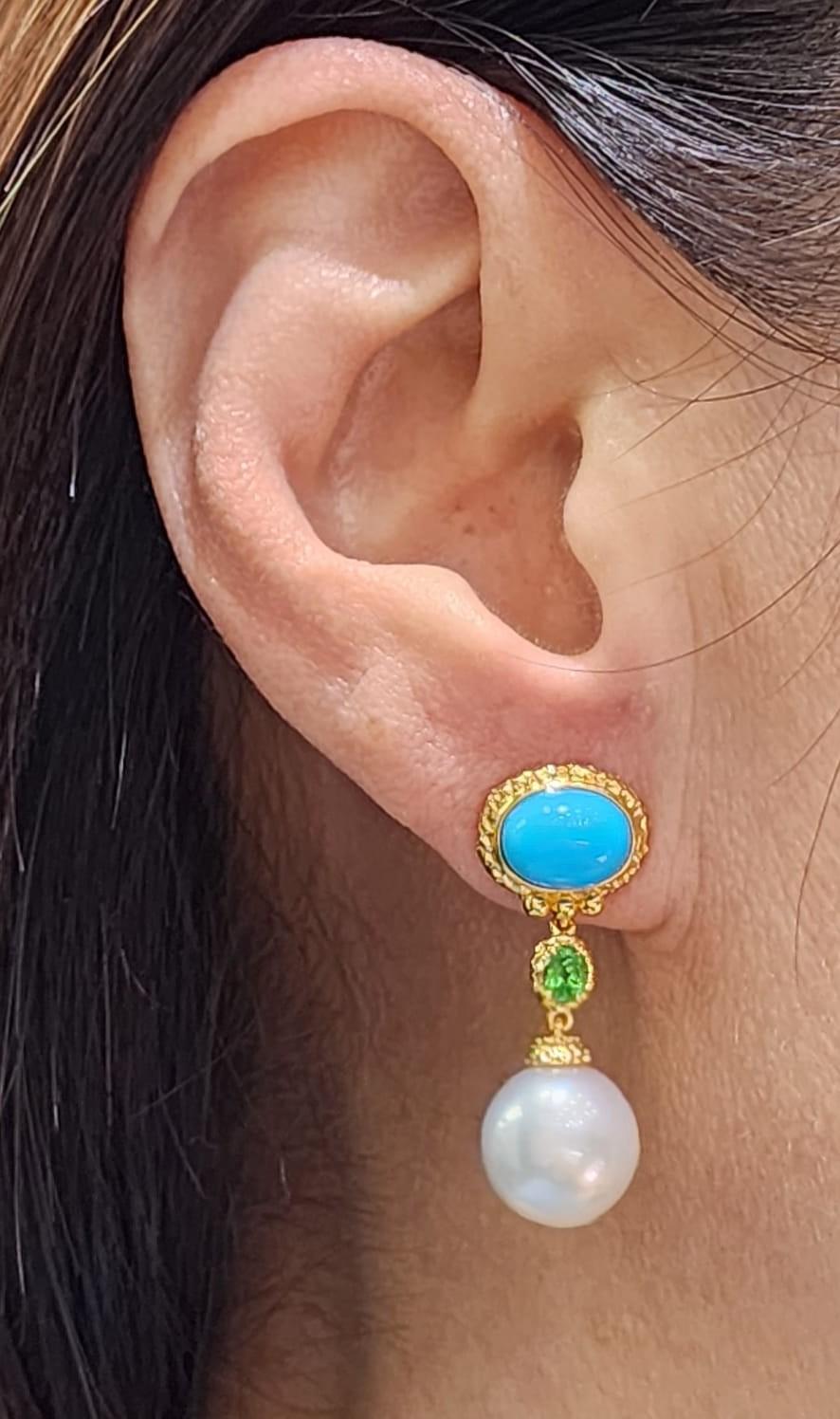South Sea Pearl Turquoise Drop Earrings in 18K Gold Vermeil Sterling Silver In New Condition In Hong Kong, HK