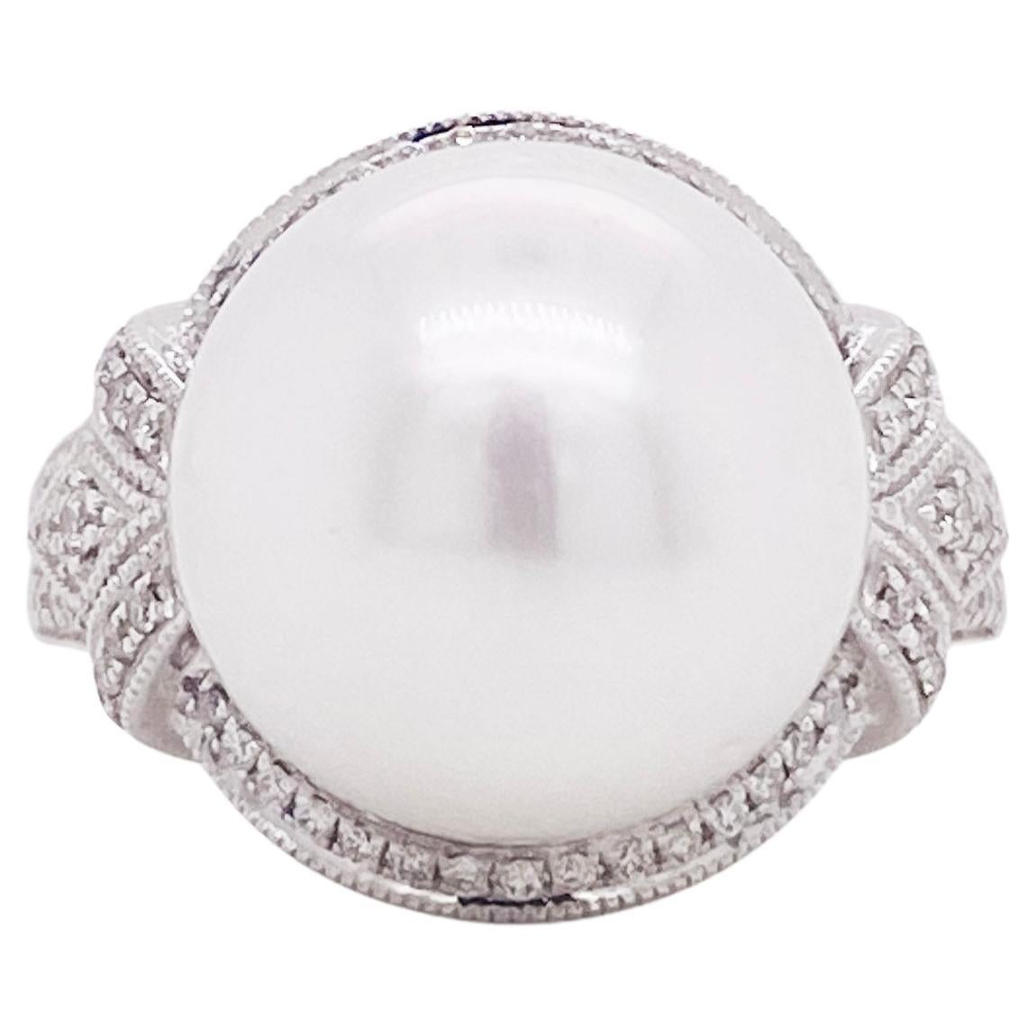 South Sea Pearl w Diamond Statement Ring, White Gold, Pearl Cultured