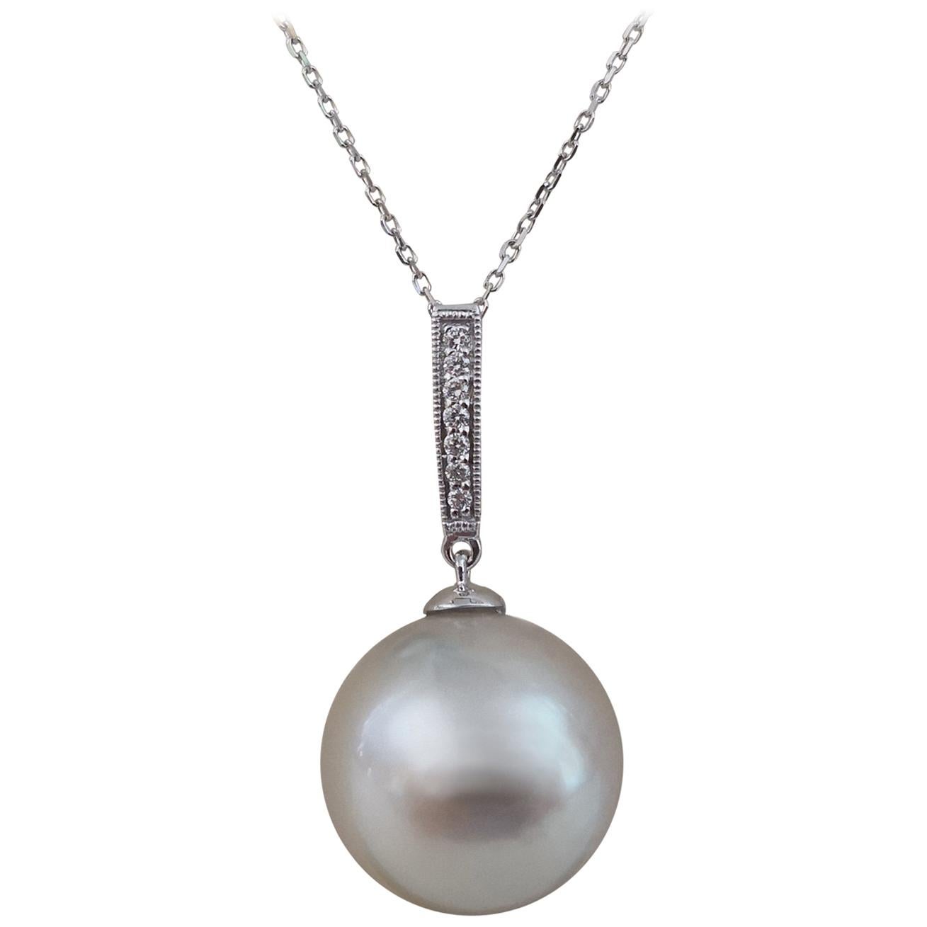 South Sea Pearl, White Color, Diamonds, 18 Karat Gold For Sale