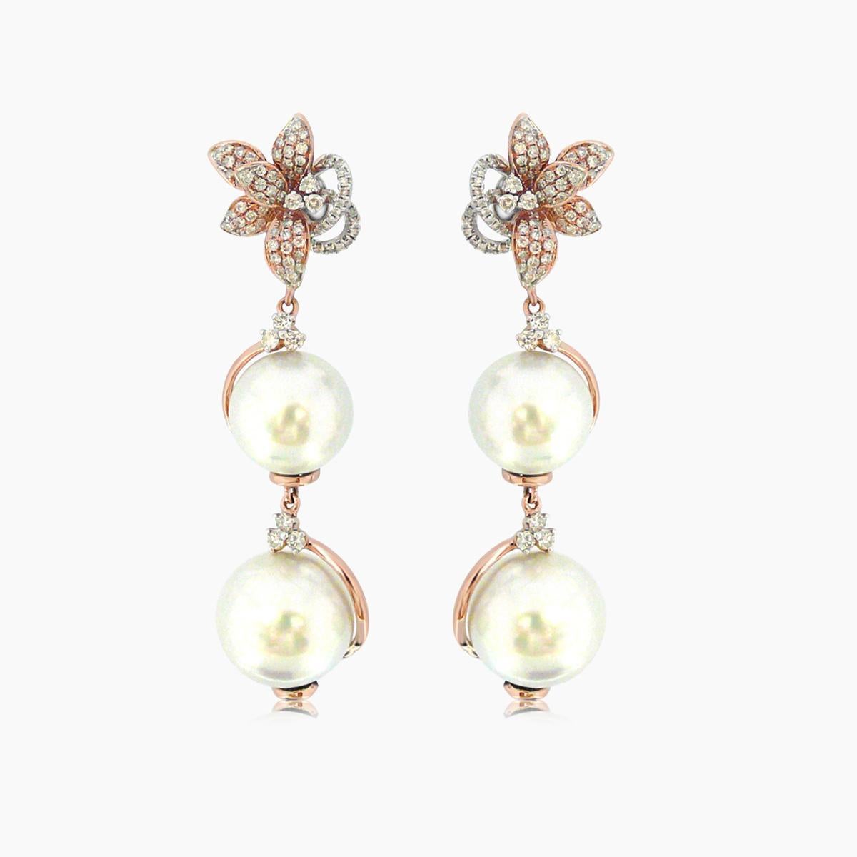 Mixed Cut South Sea Pearl & White Diamond Floral Flower 18K Gold Drop Statement Earrings For Sale