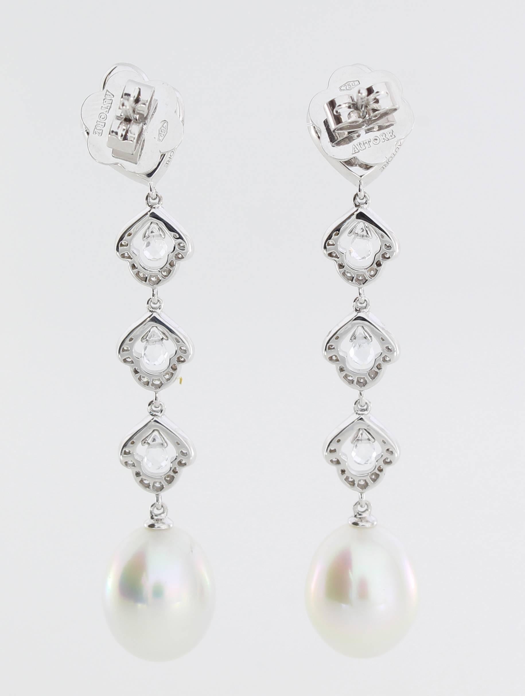 The Moondrop Earrings are from the AUTORE Stars & Galaxies Collection. 
This piece is crafted in 18k White Gold with White Diamonds (H SI 1.11ct Brilliant Cut), White Topaz (0.77ct Briolette Cut) and 11mm White Drop South Sea Pearls. 