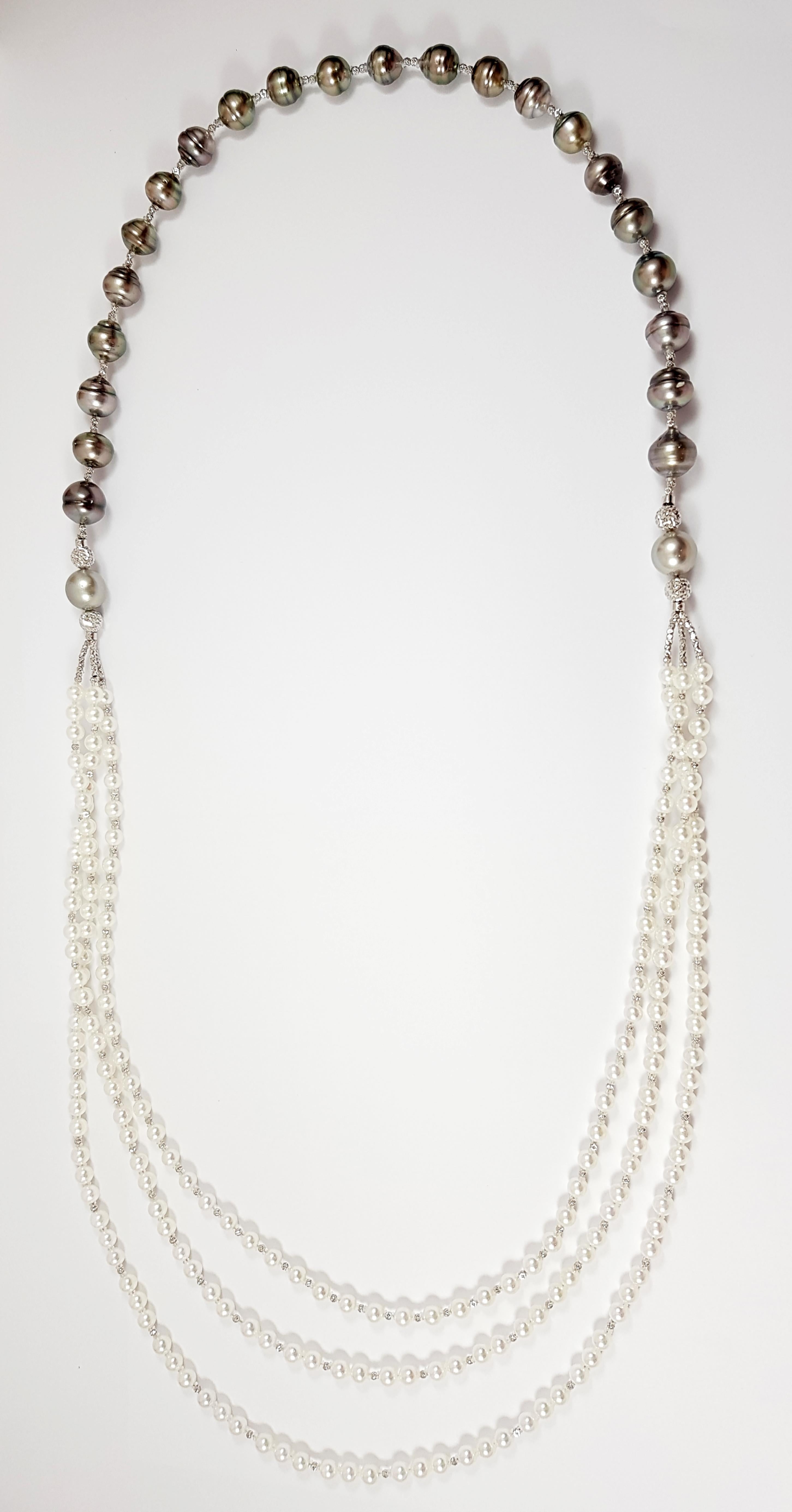 Contemporary South Sea Pearl with Akoya Pearl Necklace Set in 18 Karat White Gold Settings For Sale