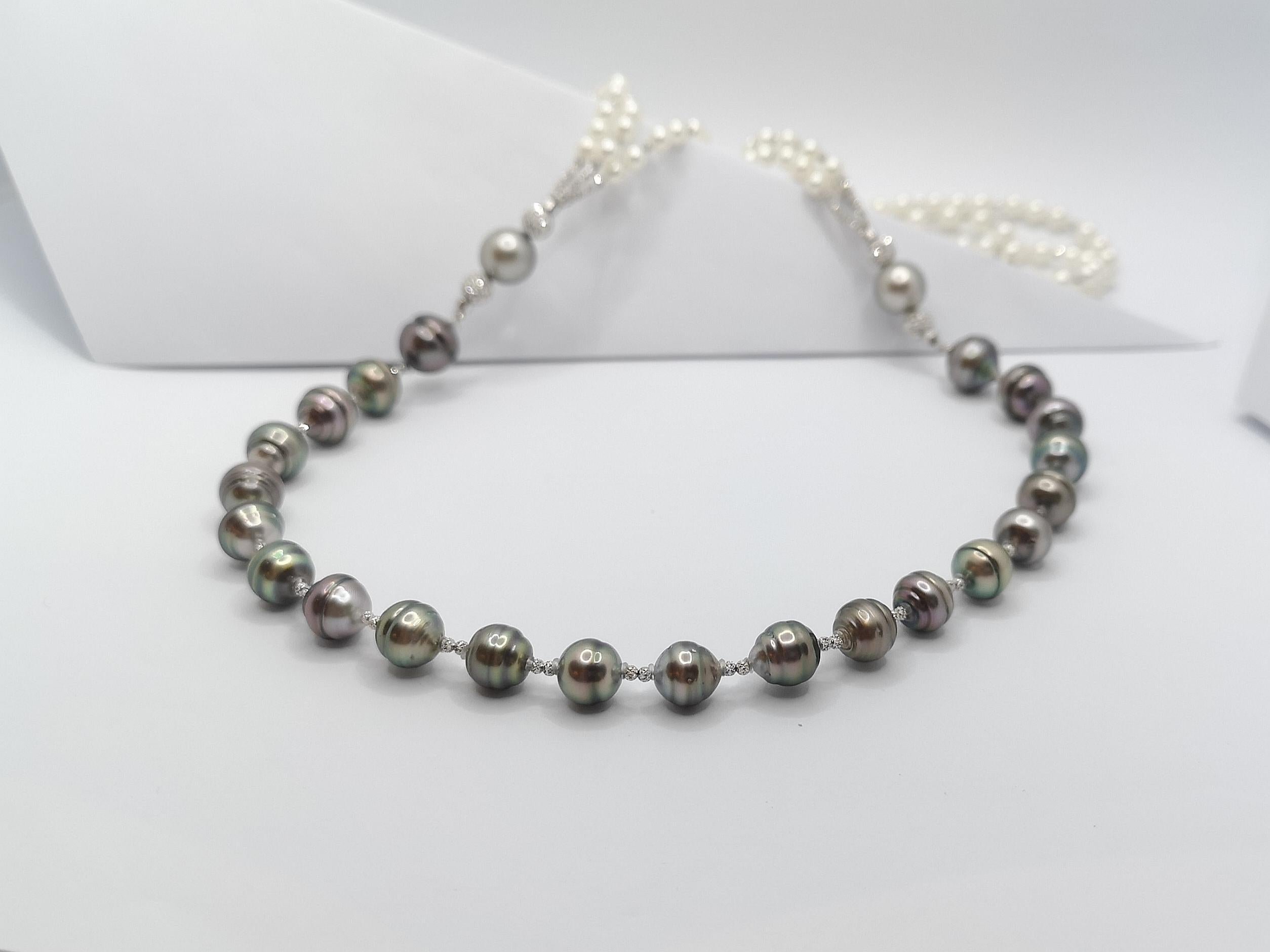 Uncut South Sea Pearl with Akoya Pearl Necklace Set in 18 Karat White Gold Settings For Sale