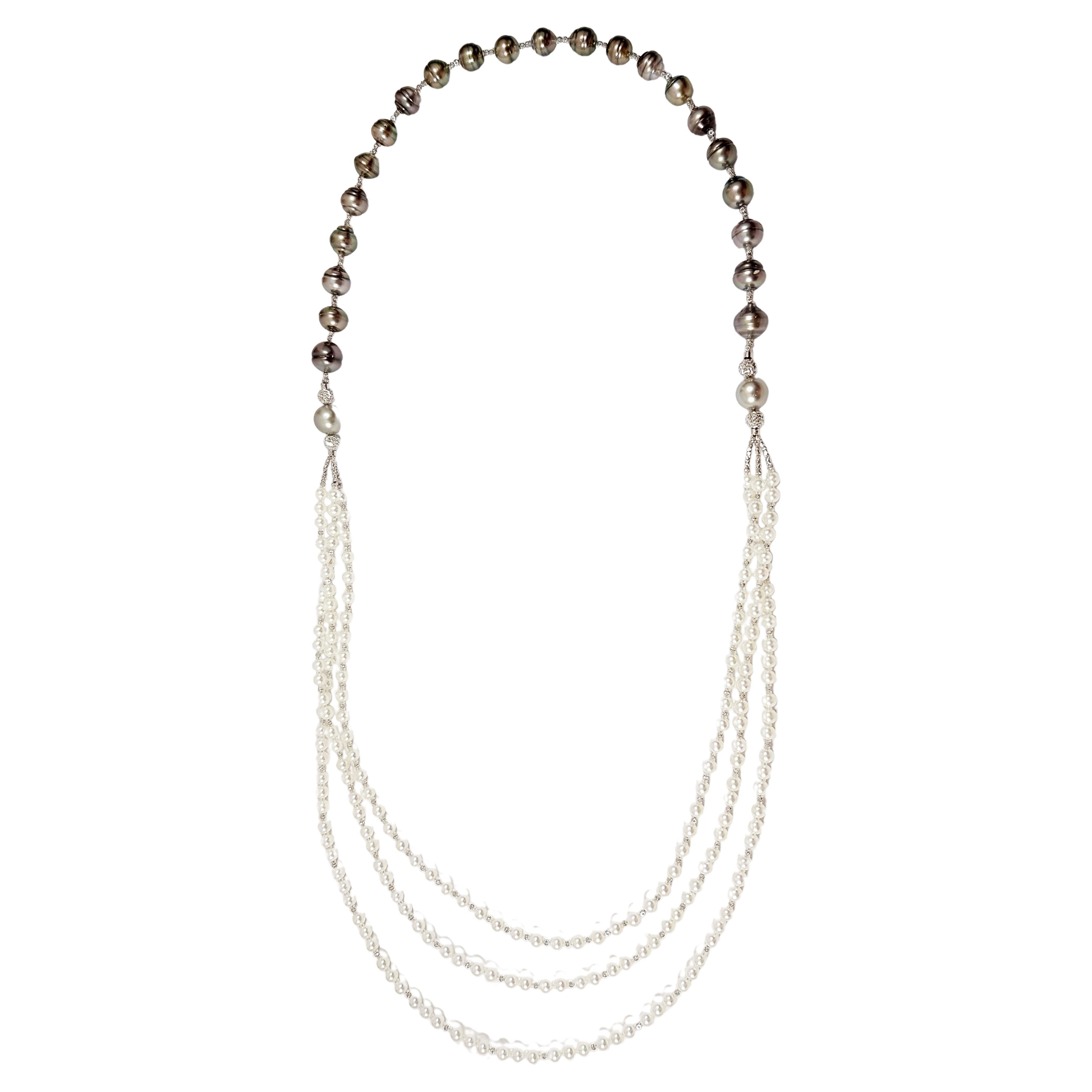 South Sea Pearl with Akoya Pearl Necklace Set in 18 Karat White Gold Settings For Sale