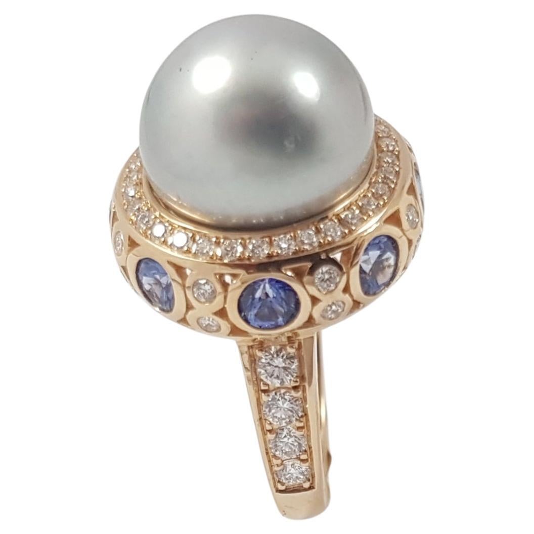 South Sea Pearl with Blue Sapphire and Diamond ing set in 18 Karat Rose Gold For Sale