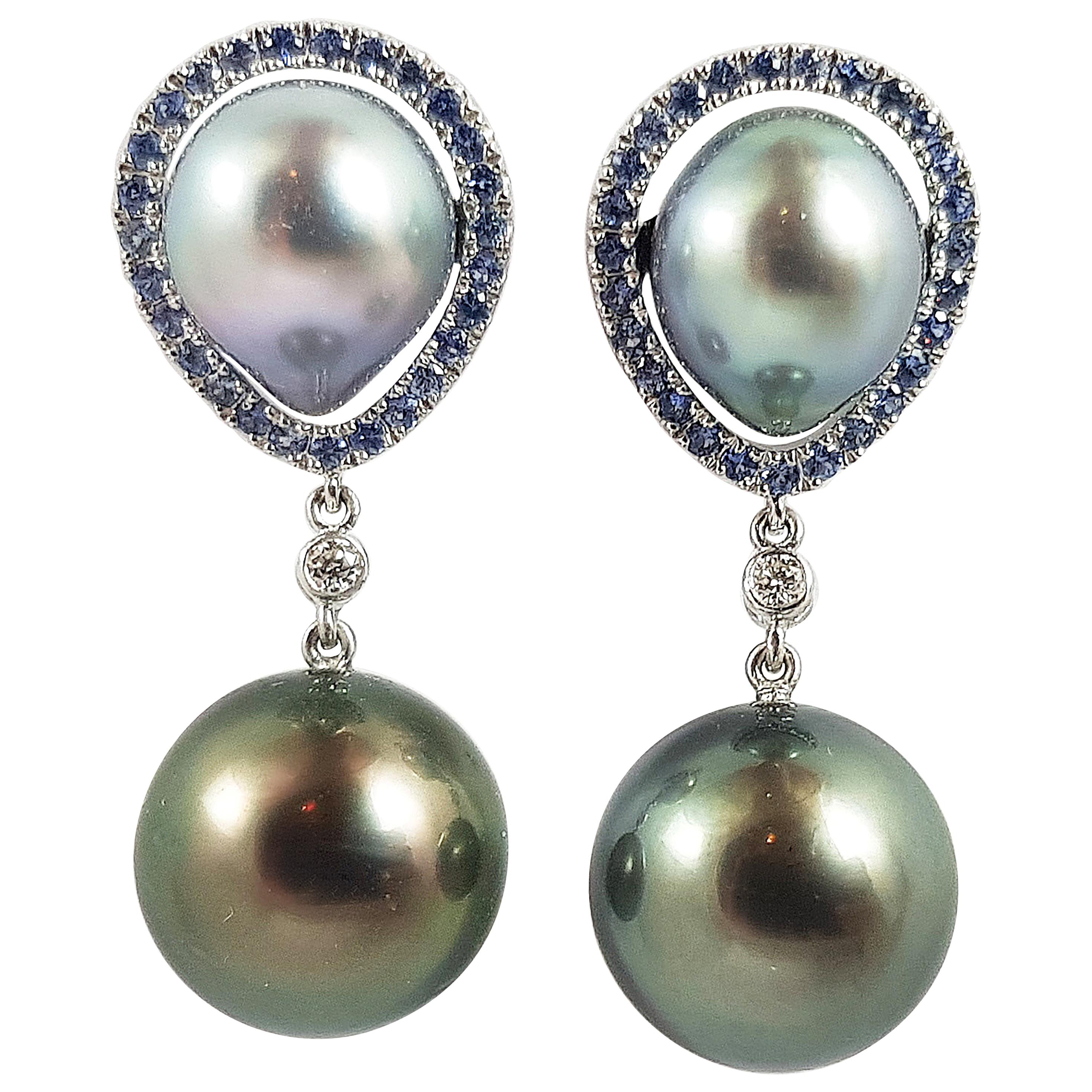 South Sea Pearl with Blue Sapphire Earrings Set in 18 Karat White Gold Settings