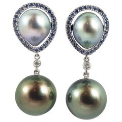 South Sea Pearl with Blue Sapphire Earrings Set in 18 Karat White Gold Settings