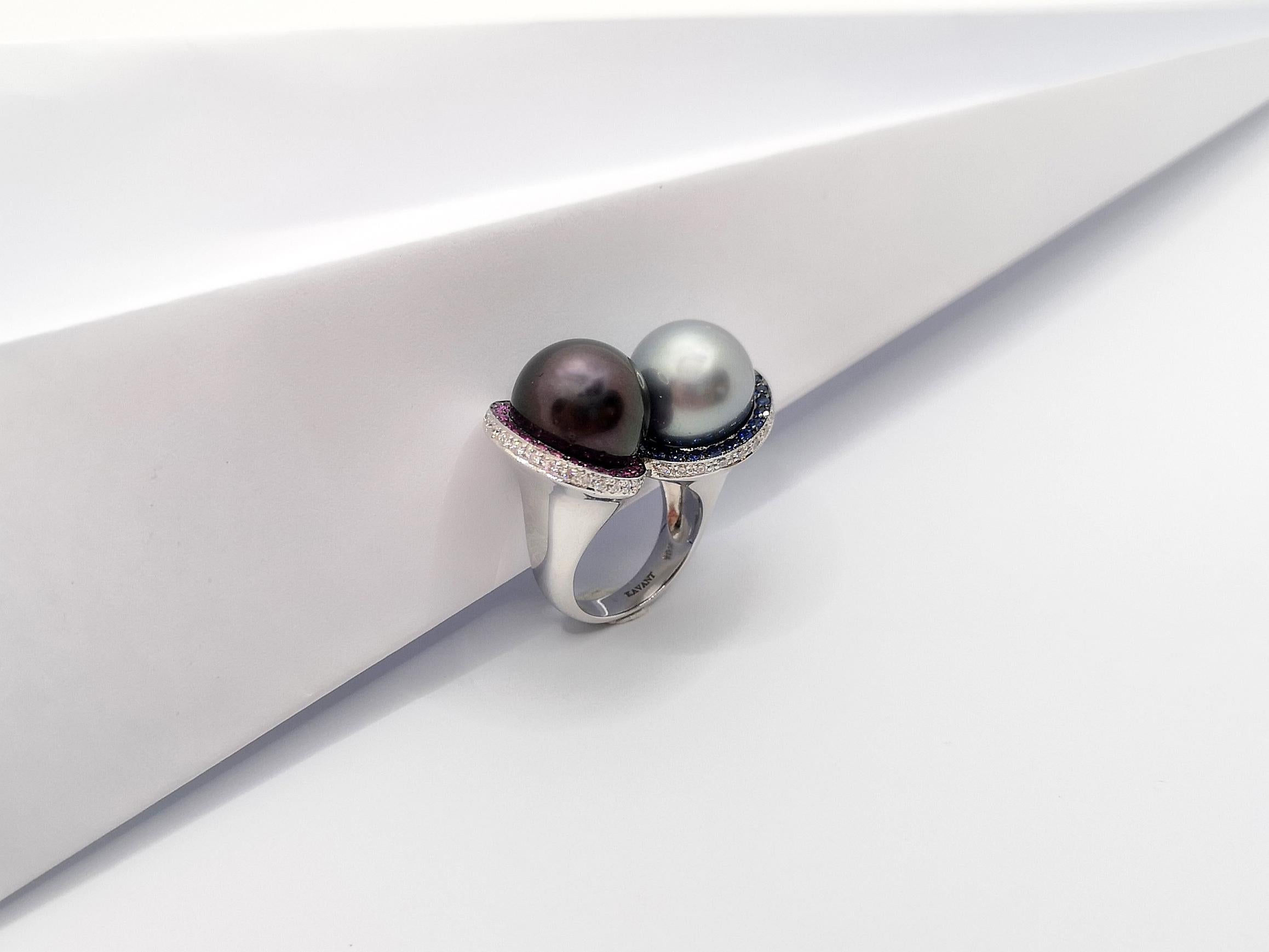 South Sea Pearl with Blue Sapphire, Pink Sapphire Ring in 18 Karat White Gold For Sale 2