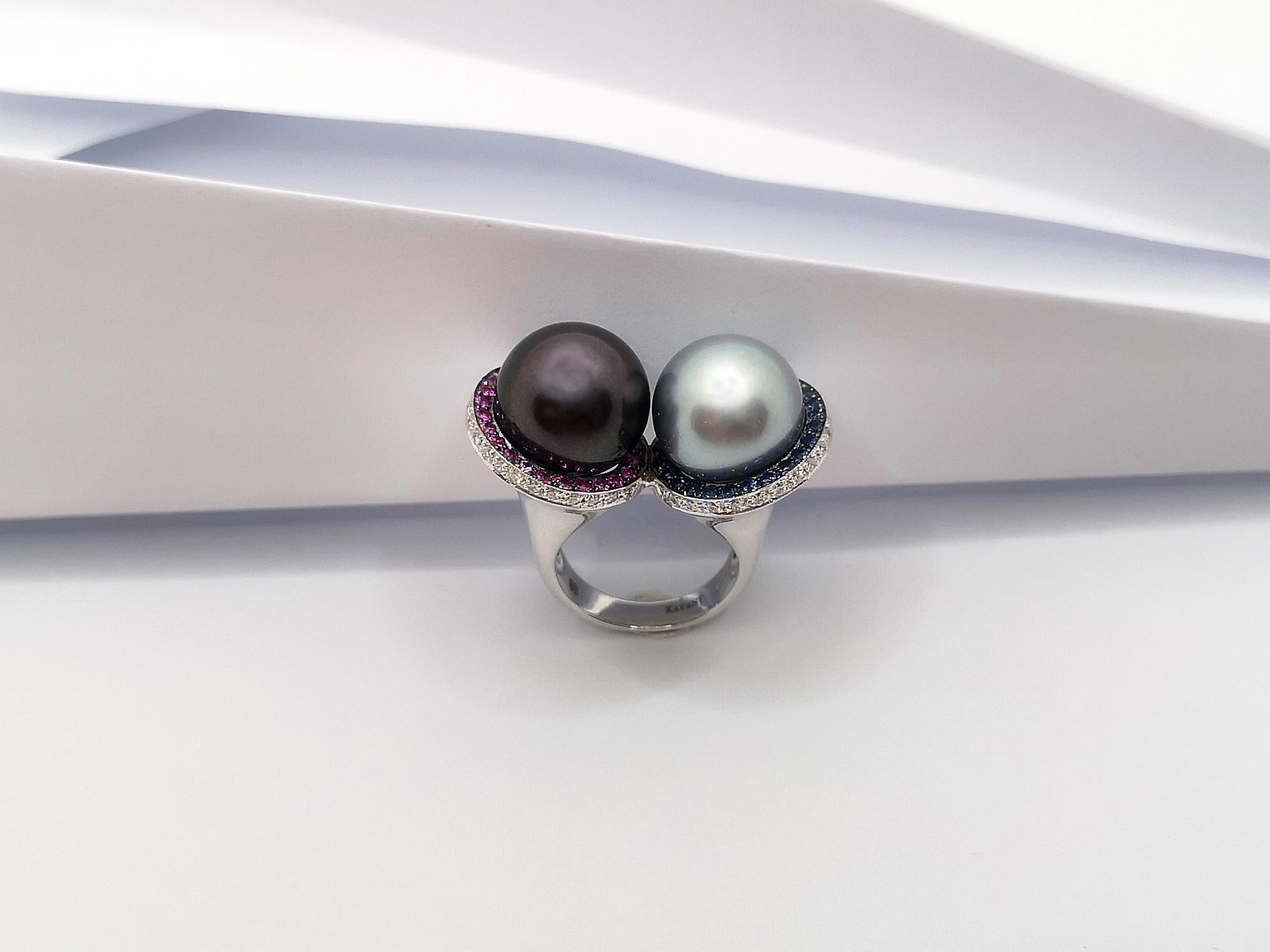 South Sea Pearl with Blue Sapphire, Pink Sapphire Ring in 18 Karat White Gold For Sale 3
