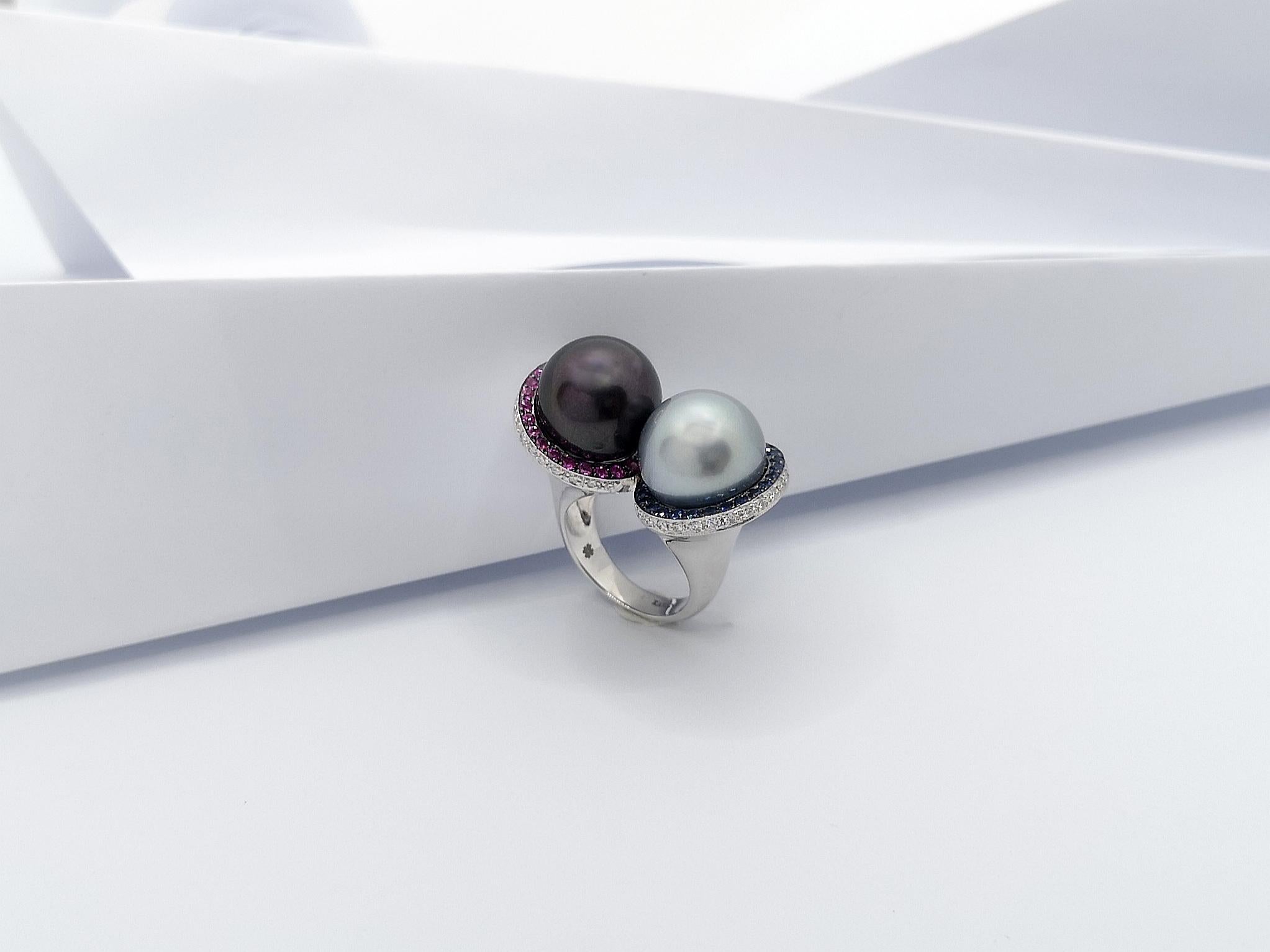 South Sea Pearl with Blue Sapphire, Pink Sapphire Ring in 18 Karat White Gold For Sale 6