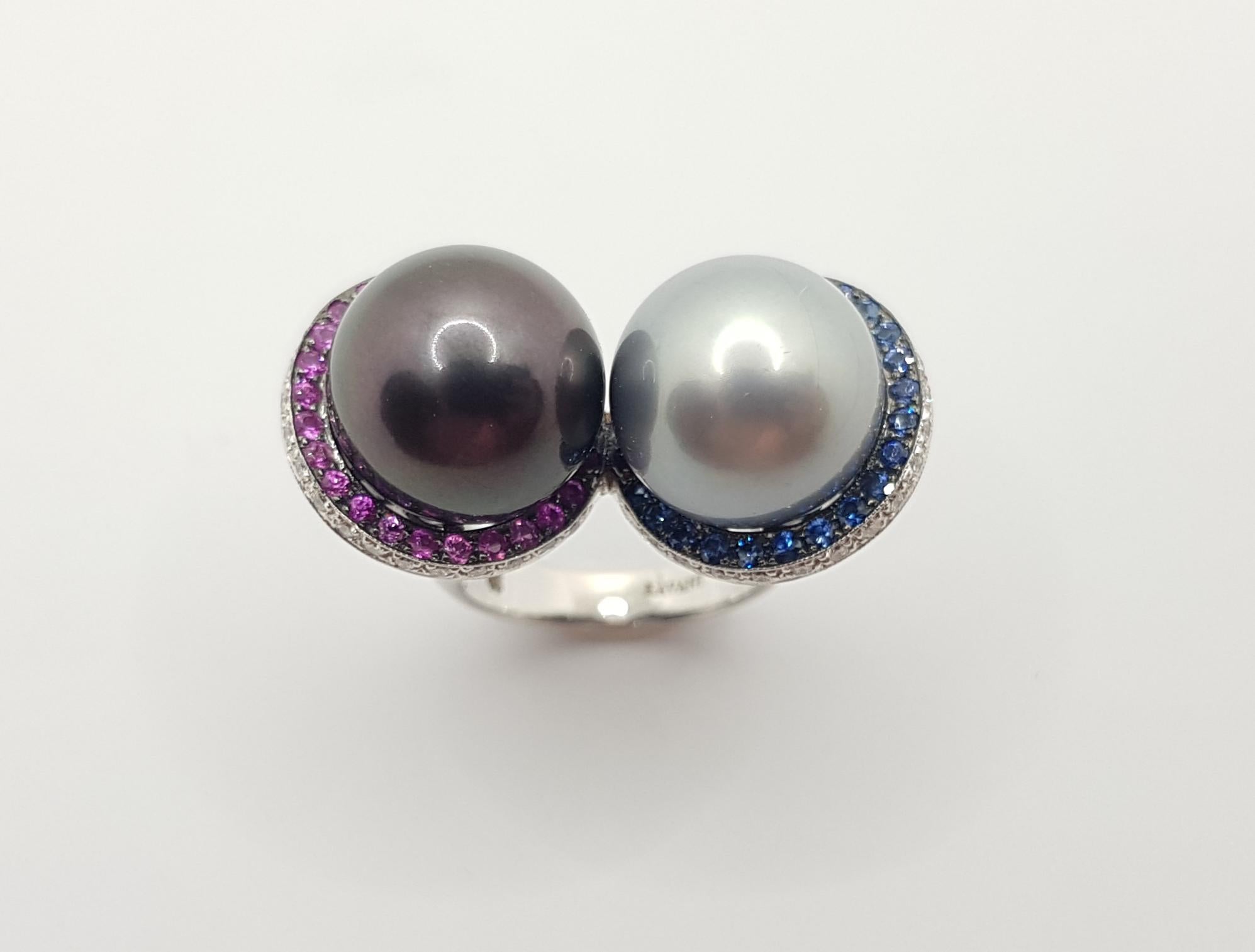 South Sea Pearl with Blue Sapphire, Pink Sapphire Ring in 18 Karat White Gold For Sale 9