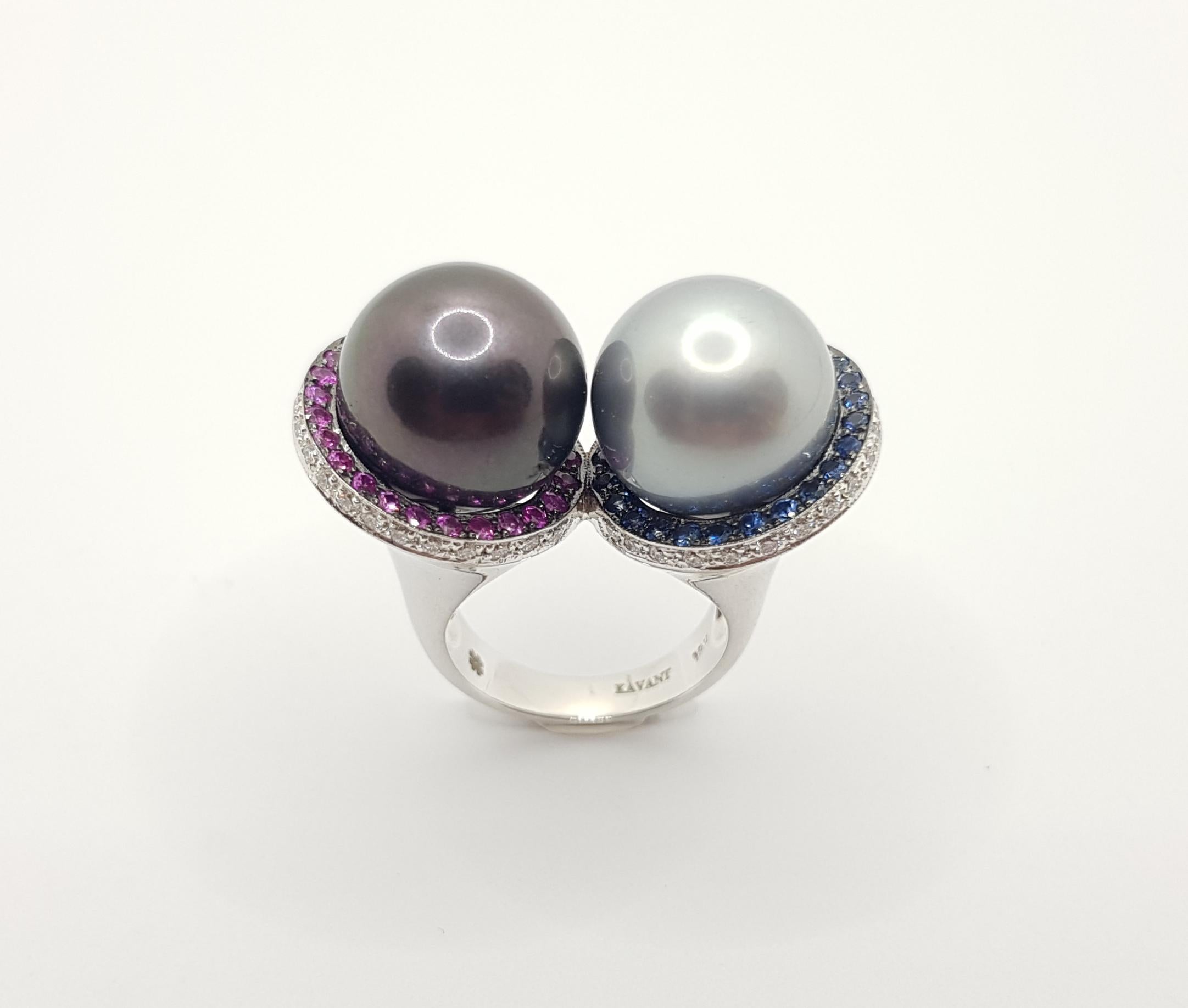 South Sea Pearl with Blue Sapphire, Pink Sapphire Ring in 18 Karat White Gold For Sale 10