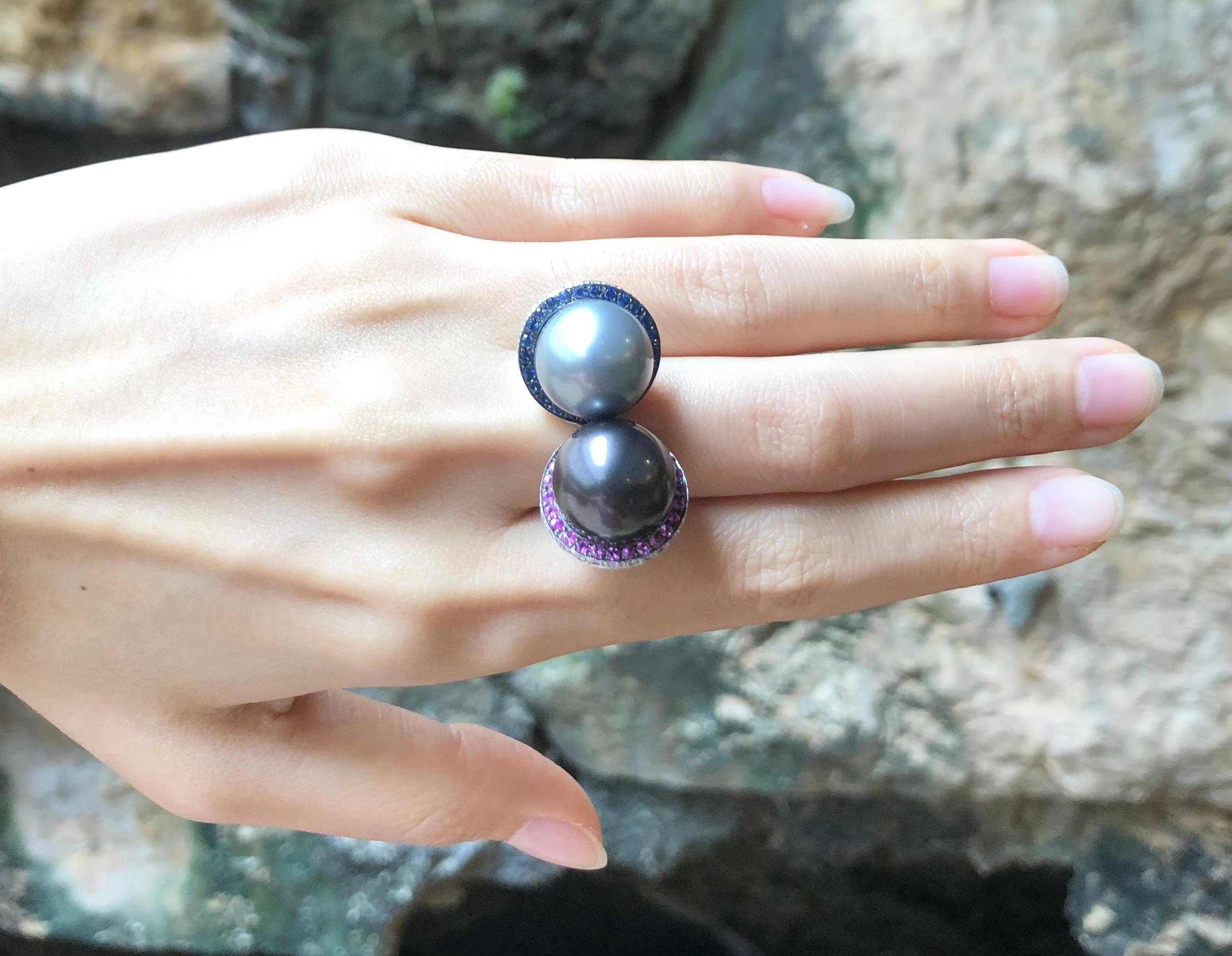 Contemporary South Sea Pearl with Blue Sapphire, Pink Sapphire Ring in 18 Karat White Gold For Sale