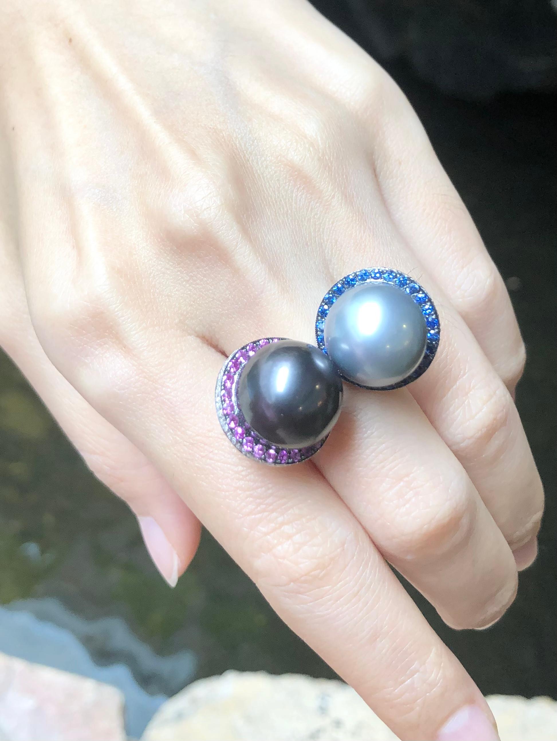 Mixed Cut South Sea Pearl with Blue Sapphire, Pink Sapphire Ring in 18 Karat White Gold For Sale