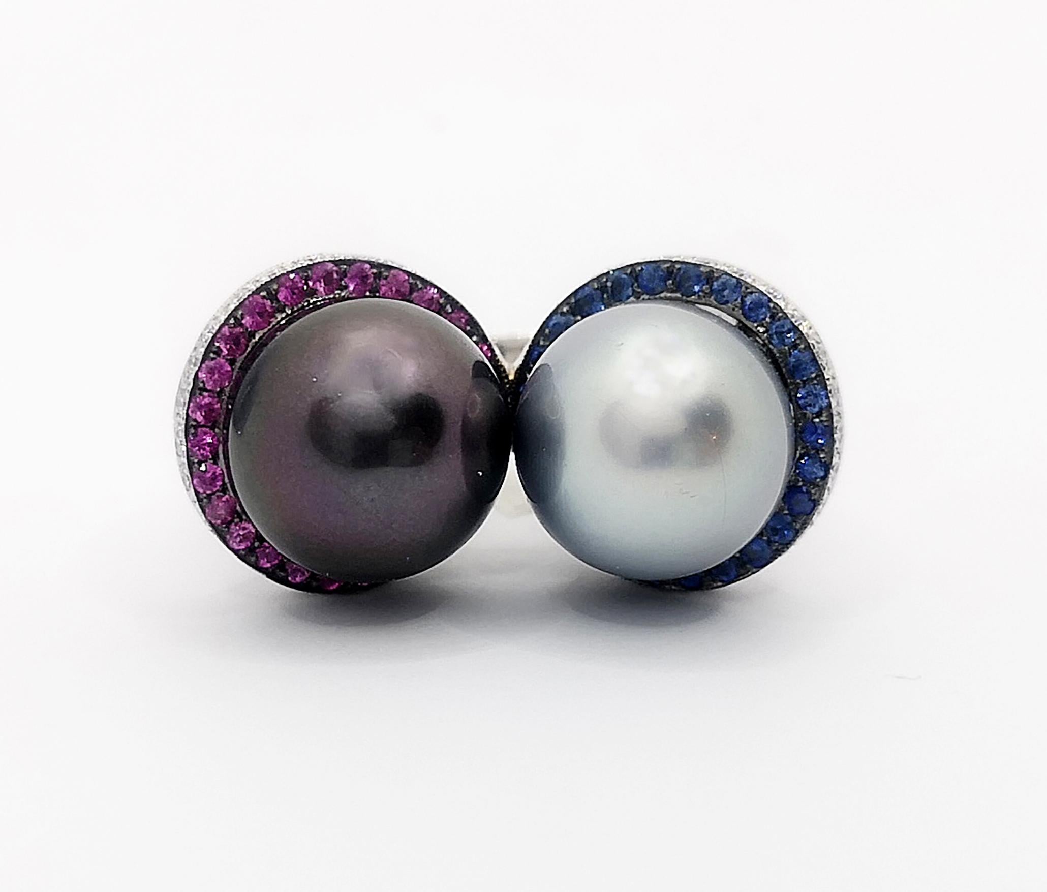 Women's South Sea Pearl with Blue Sapphire, Pink Sapphire Ring in 18 Karat White Gold For Sale