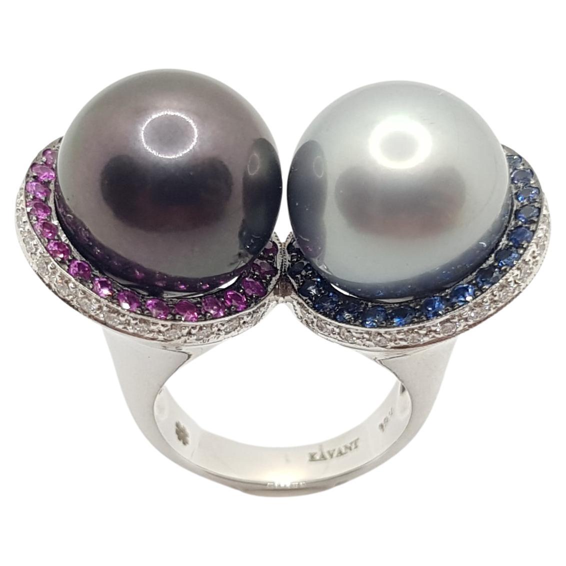 South Sea Pearl with Blue Sapphire, Pink Sapphire Ring in 18 Karat White Gold For Sale