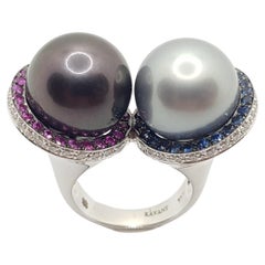 South Sea Pearl with Blue Sapphire, Pink Sapphire Ring in 18 Karat White Gold
